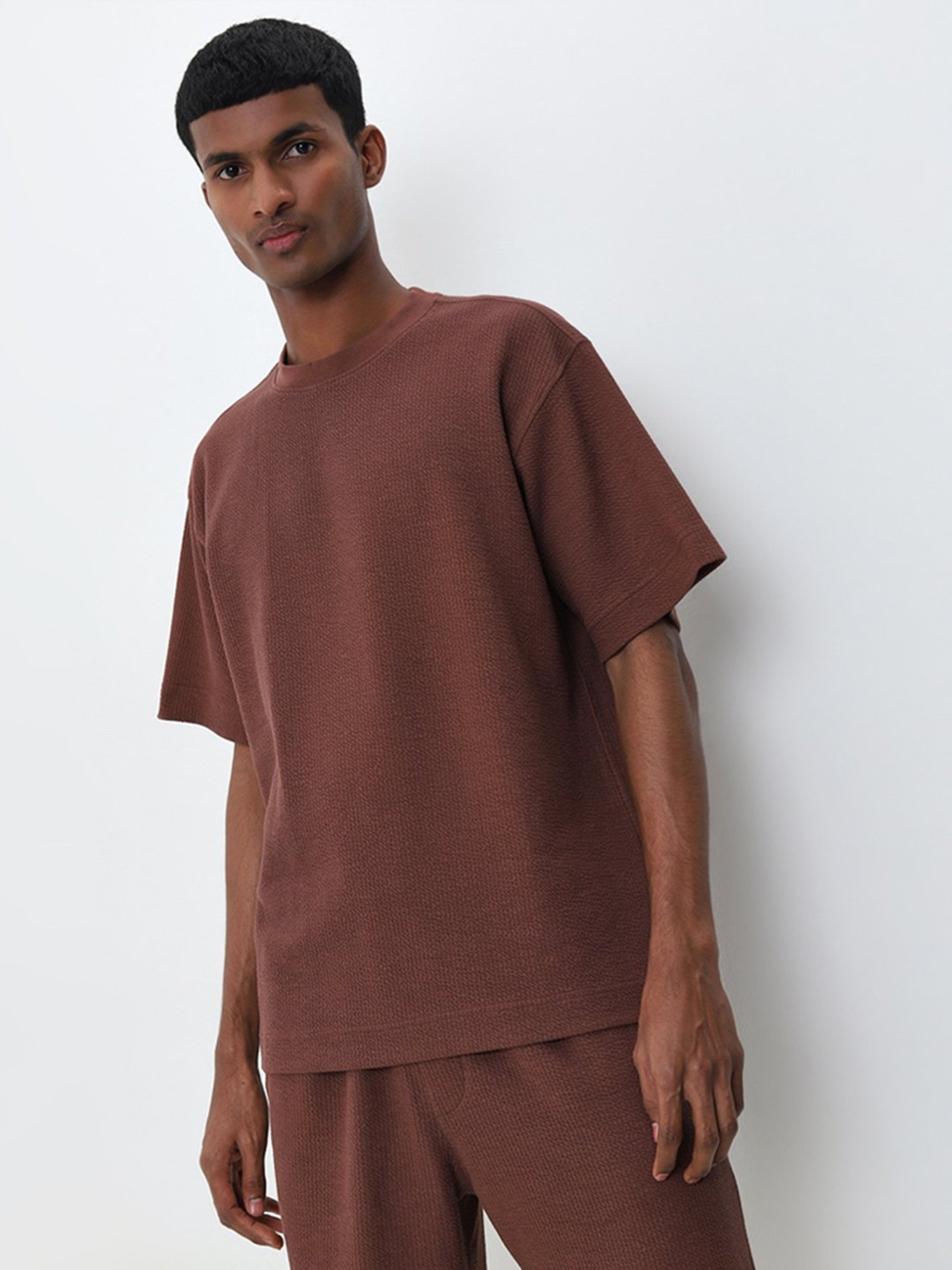 Studiofit by Westside Brown Textured Relaxed-Fit T-Shirt
