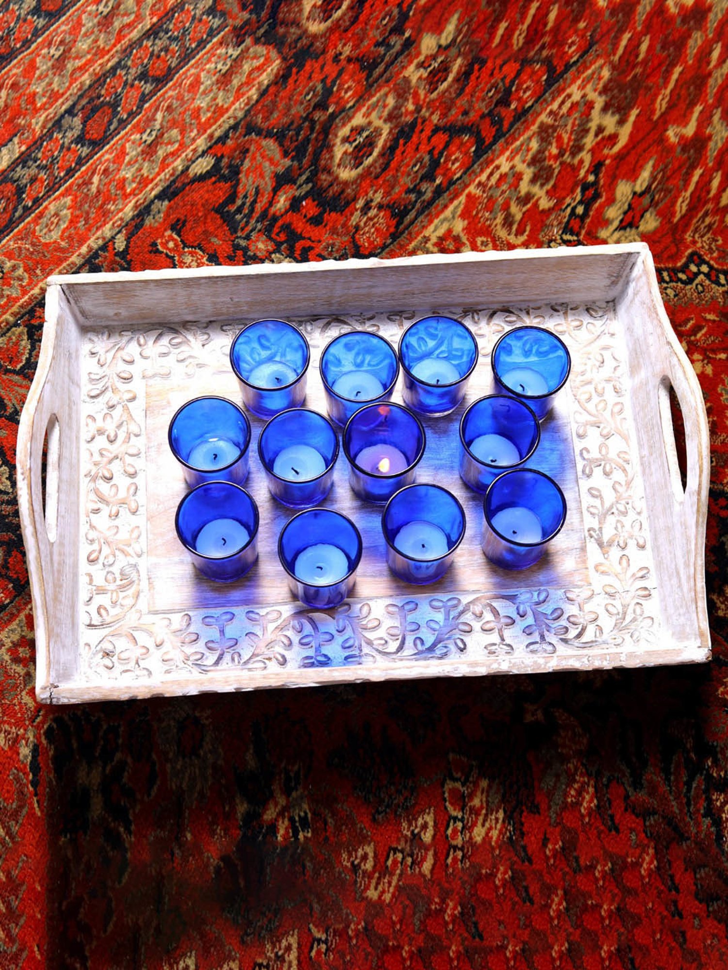 HOSLEY Blue Glass Votive Tealight Candle Holder with Tealights - Set of 12