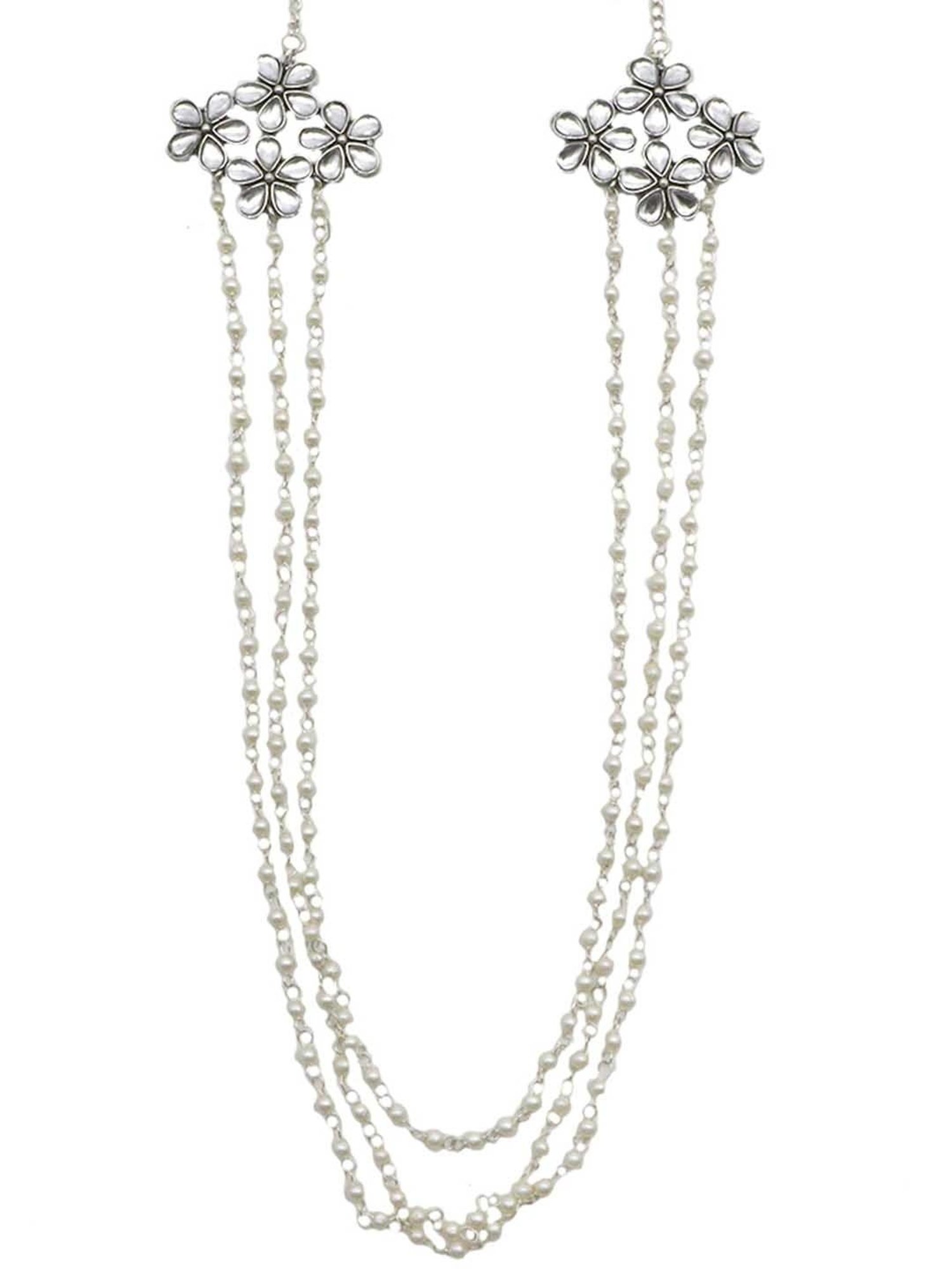 Teejh Garland Layered Pearl Polki Silver Oxidized Long Necklace