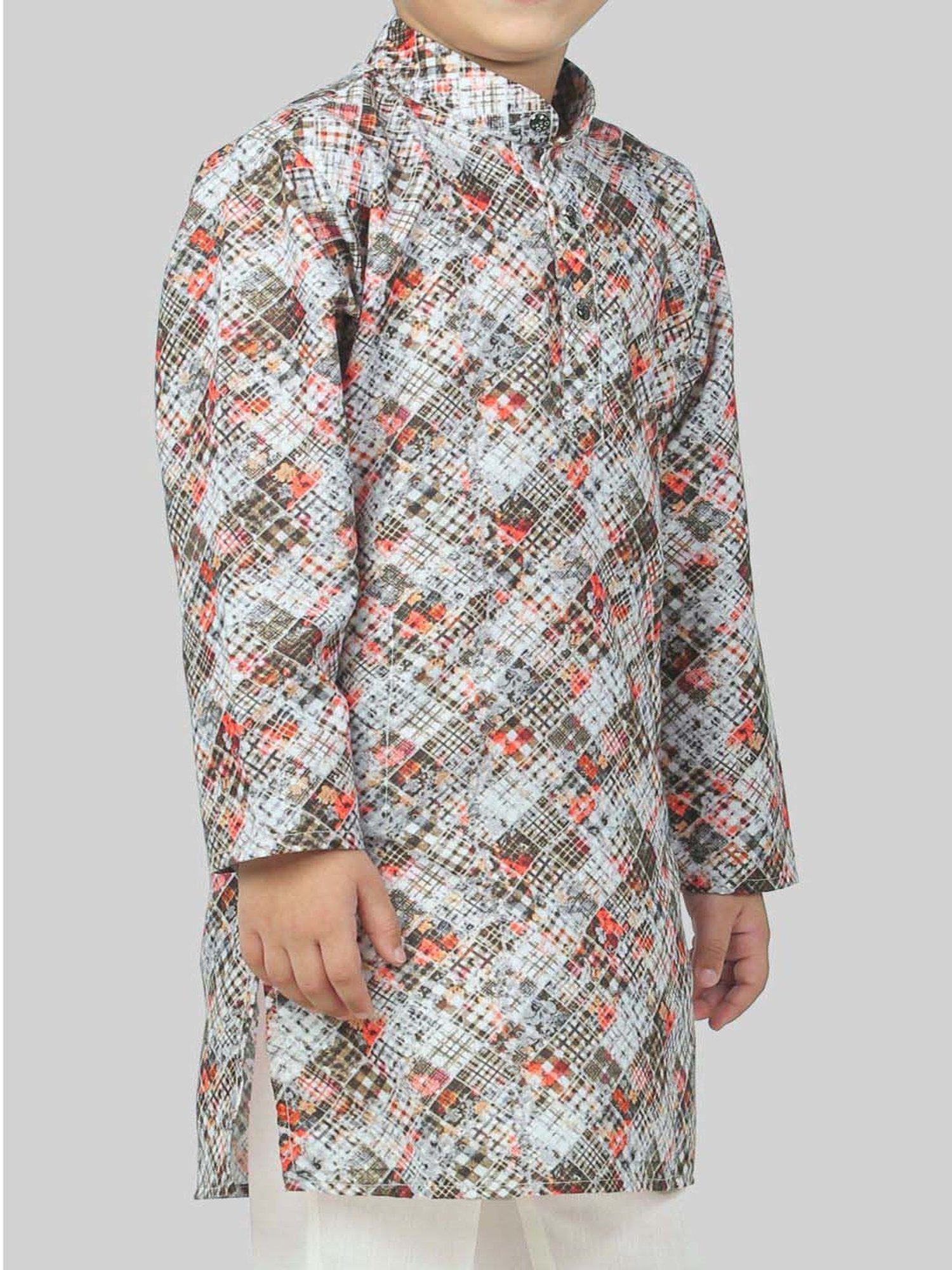 Ahhaaaa Kids Grey & White Cotton Handloom Full Sleeves Kurta Set