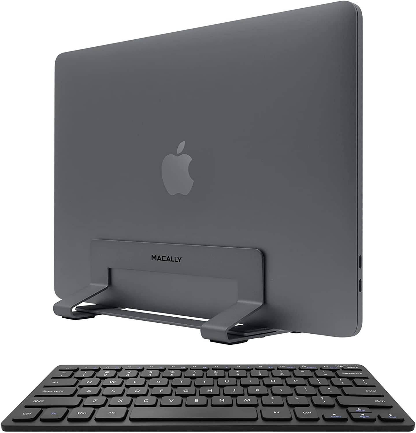 Macally Wireless Mini Keyboard an a Space Grey Vertical Laptop Stand, Scratch Resistant While Aesthetically Pleasing