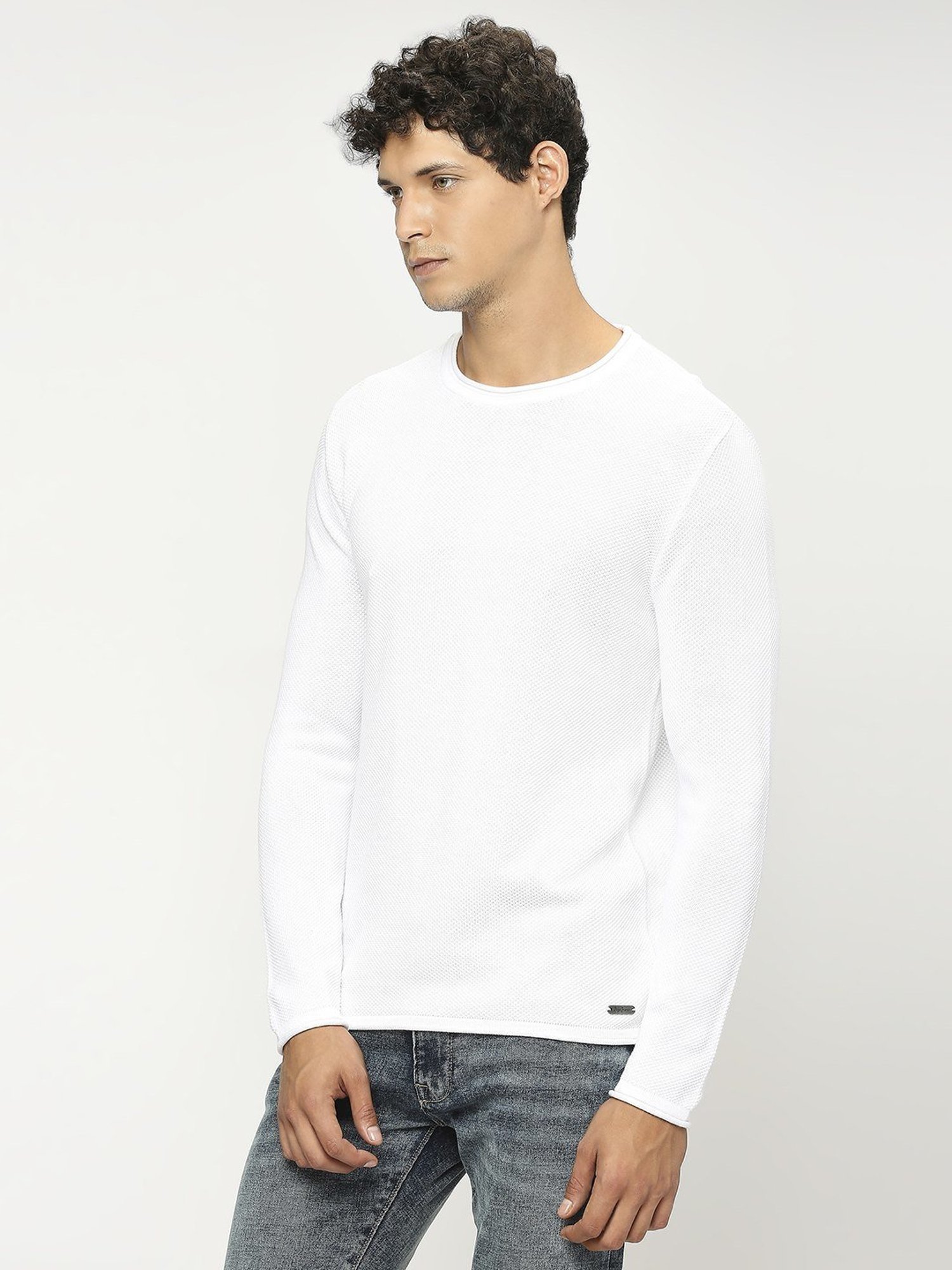 Pepe Jeans White Cotton Regular Fit Self Pattern Sweater