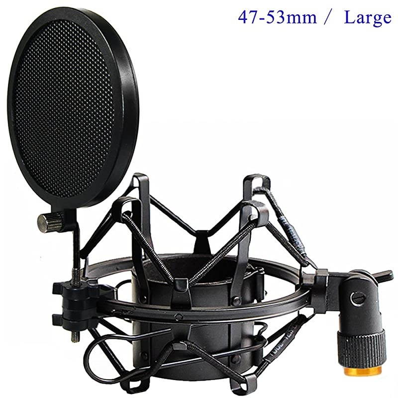 4247mm Microphone Shock Mount with Double Mesh Pop Filter Screw Adapter Adjustable Anti Vibration High Isolation Metal Mic Mount Holder Clip for Diameter of 4247mm Microphone