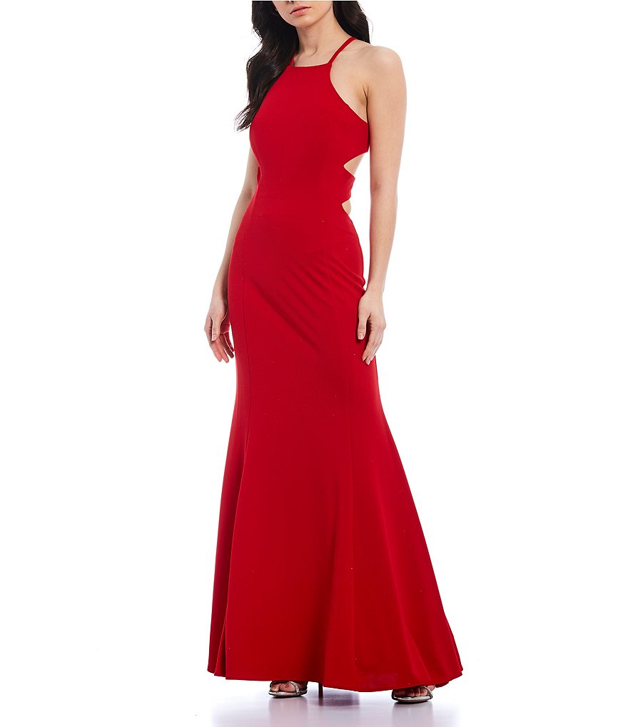 Morgan & Co. High Neck Lace-Up-Back Long Dress