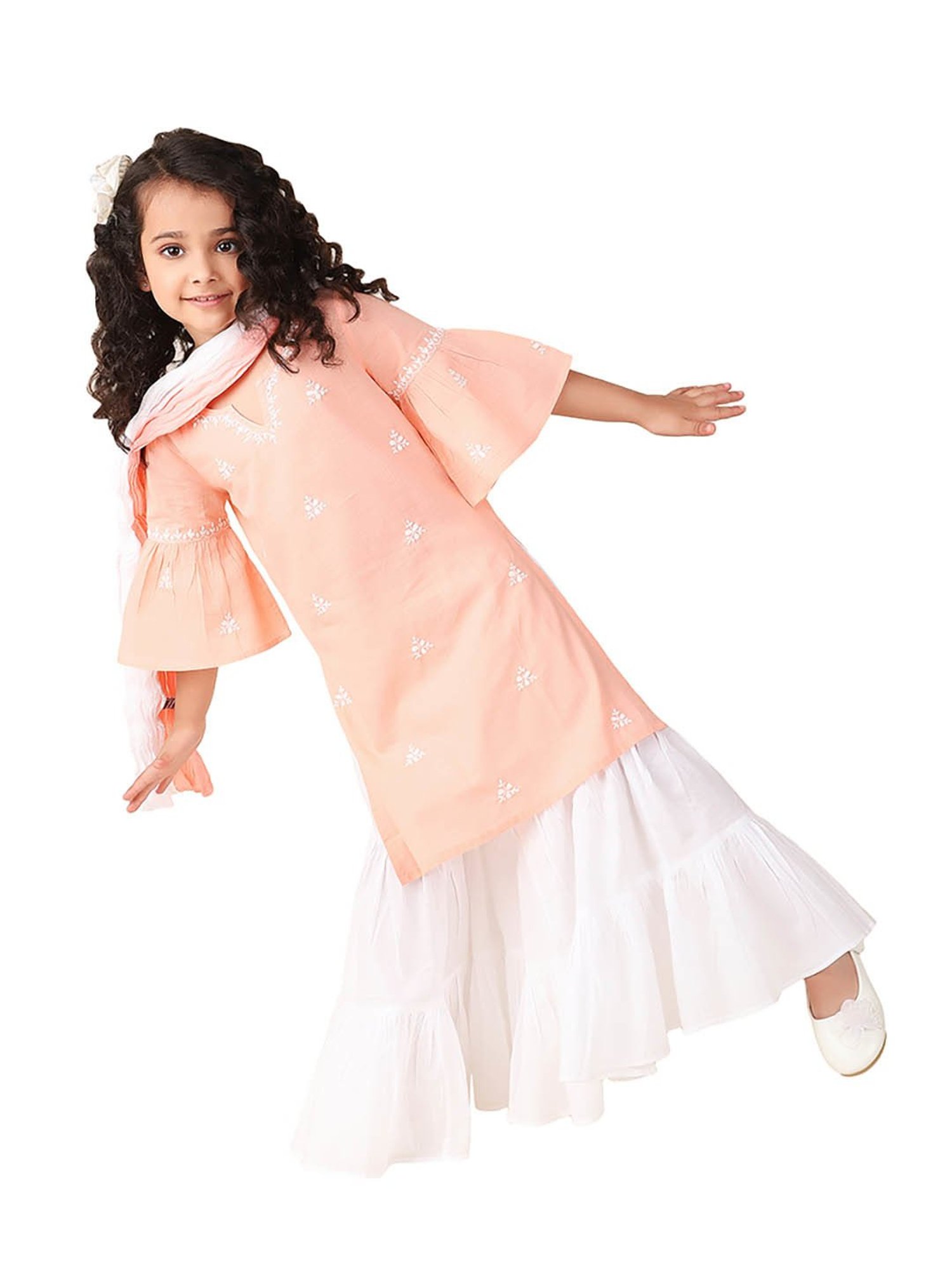 Fabindia Kids Peach & White Embroidered Kurta, Sharara with Dupatta