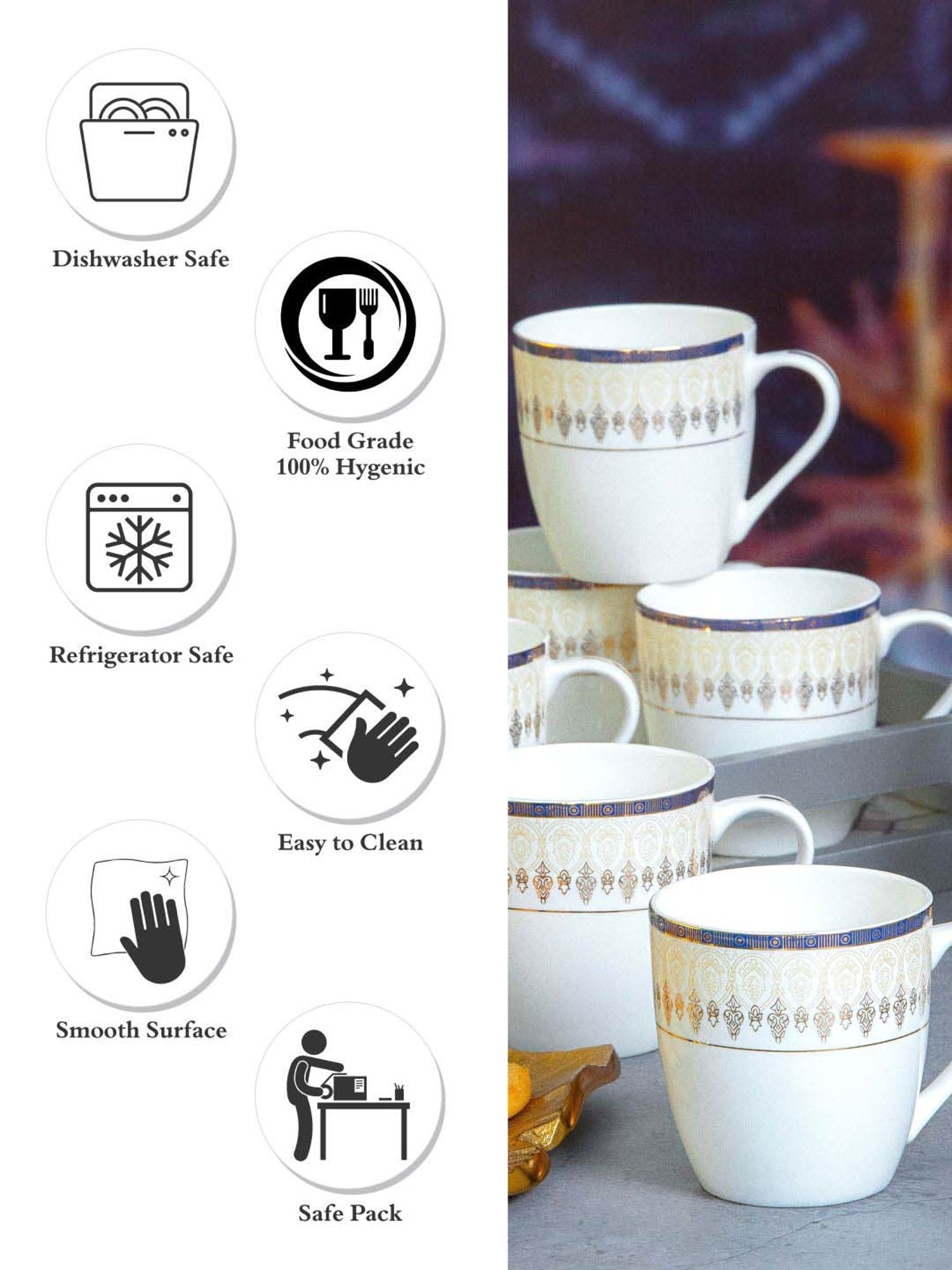 SONAKI White & Golden Bone China Tea Cup (0.17 L) - Set of 6
