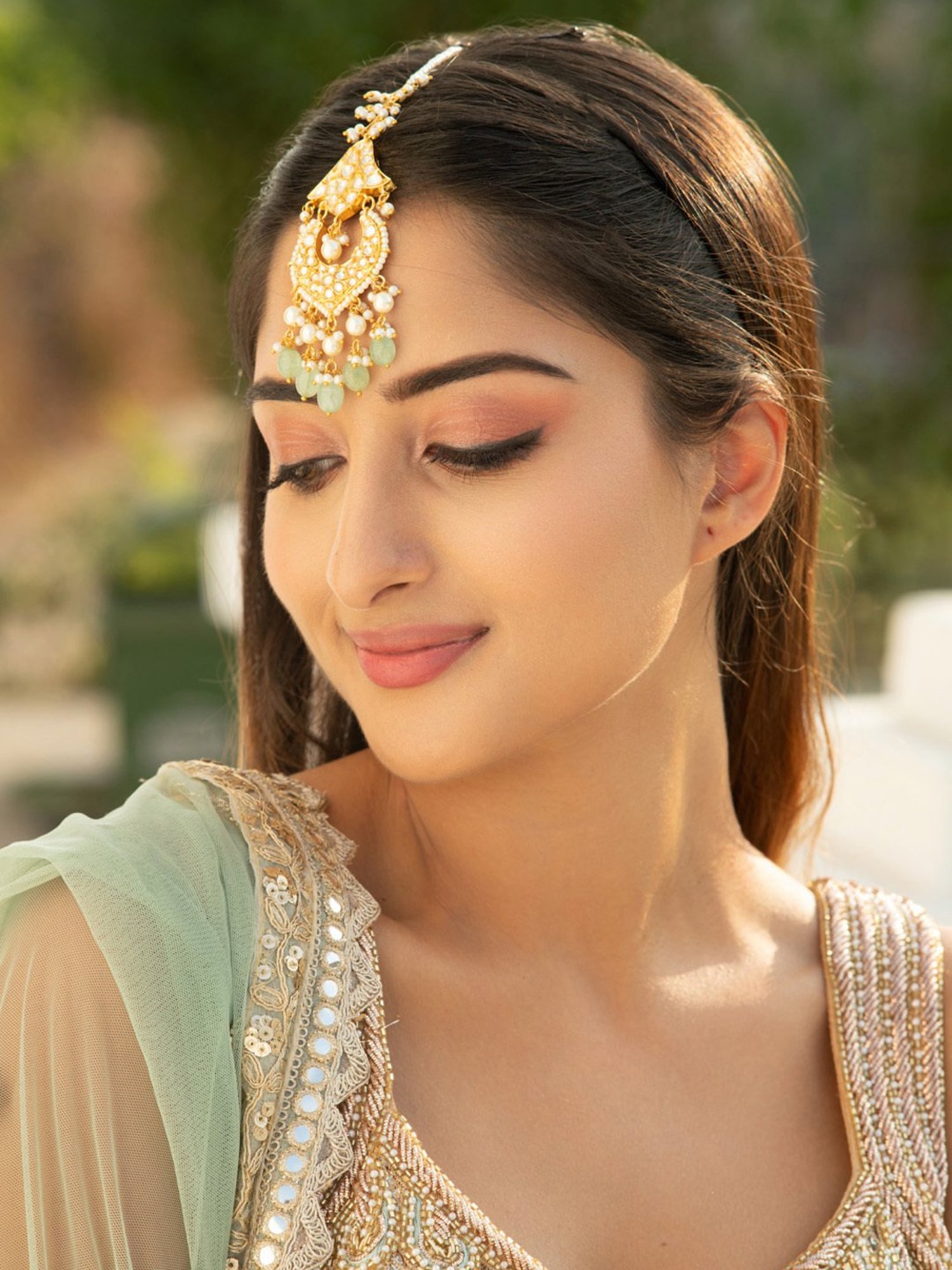 Curio Cottage Bridal Drops of Green Kundan Maang Tikka