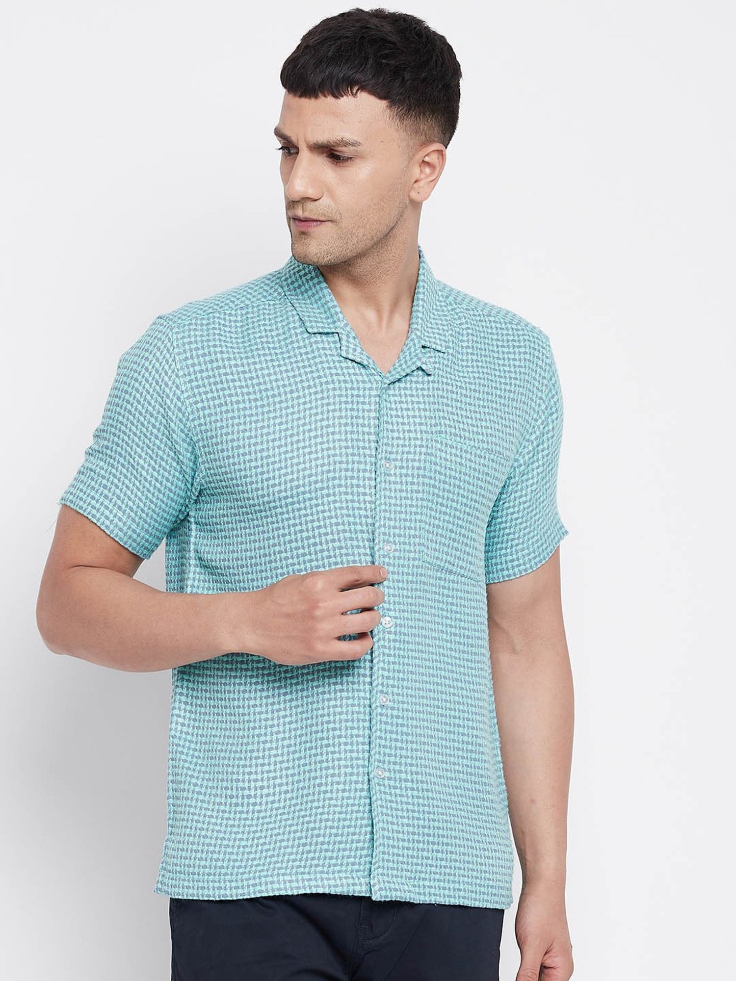 Even Turquoise Regular Fit Printed Shirt