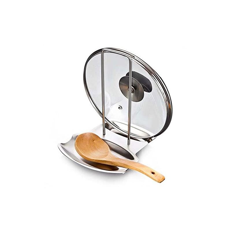 Lid and Spoon Rest, Stainless Steel Pan Pot Cover Lid Rack Stand Spoon Rest Stove Organizer Storage Soup Spoon Holder for Home Kitchen and Bar Tools, Silver US Stock
