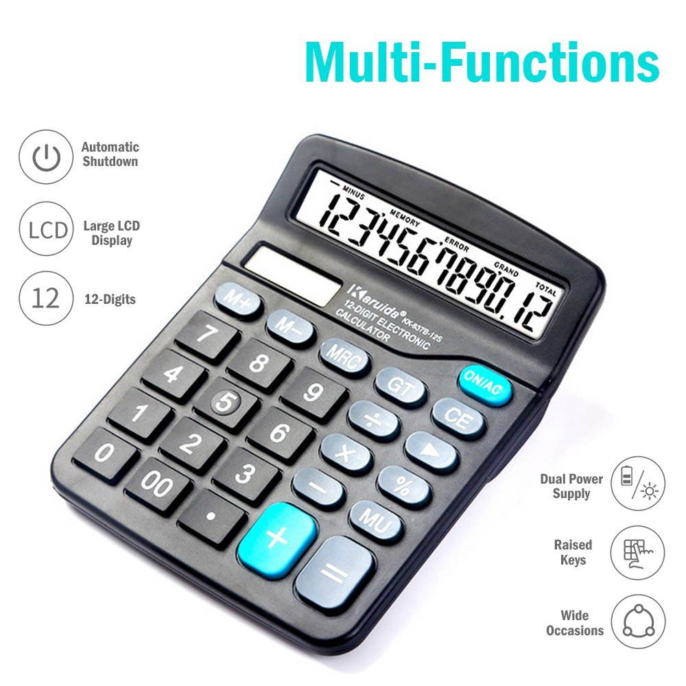 837B Desktop Electronic Calculator Standard Function Basic Counter with 12-Digits Large LCD Display Big Buttons Dual Powers Solar Batterys Powered for Home Office Business School