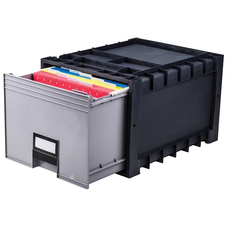 Storex Plastic Archive File Storage Box with Supply Storage Top - Black/Gray