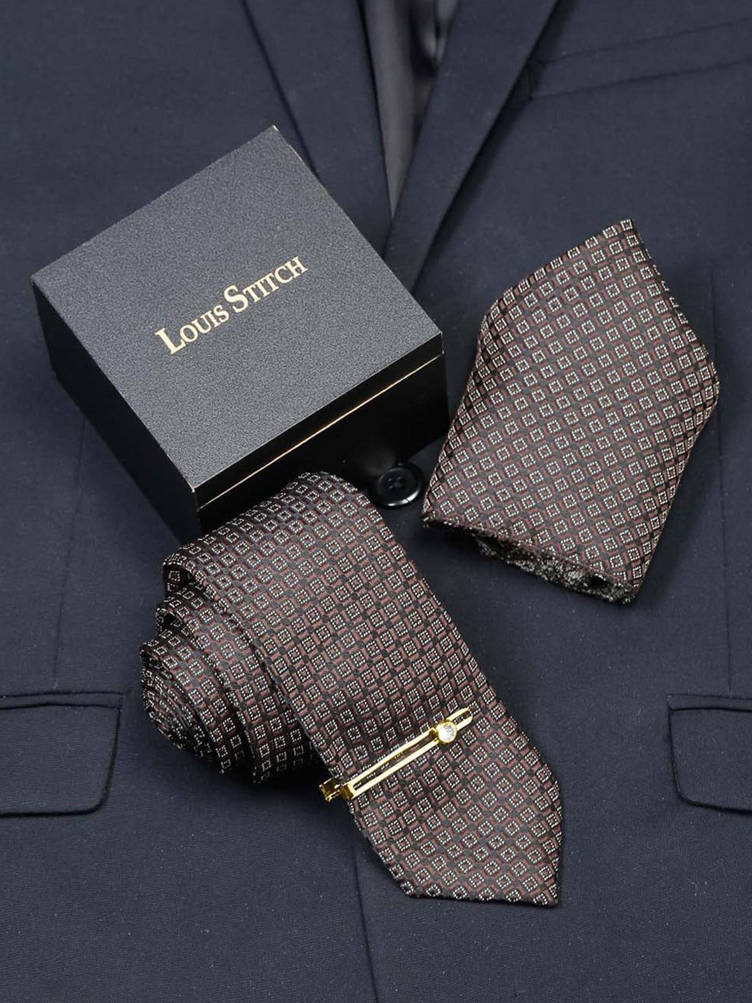 Louis Stitch Brown Embroidered Necktie Gift Set - Set of 3