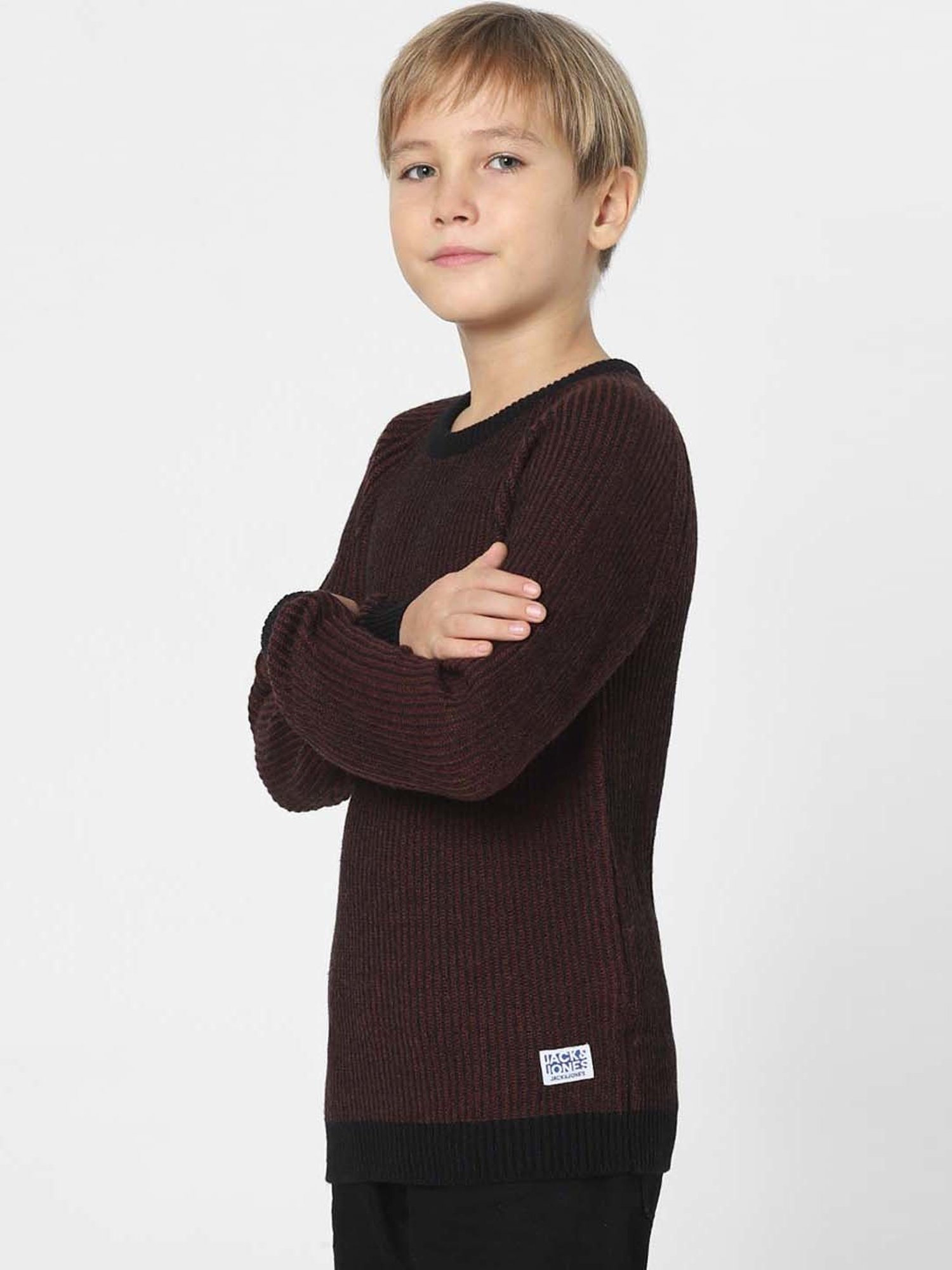 Jack & Jones Junior Maroon & Black Printed Full Sleeves Sweater
