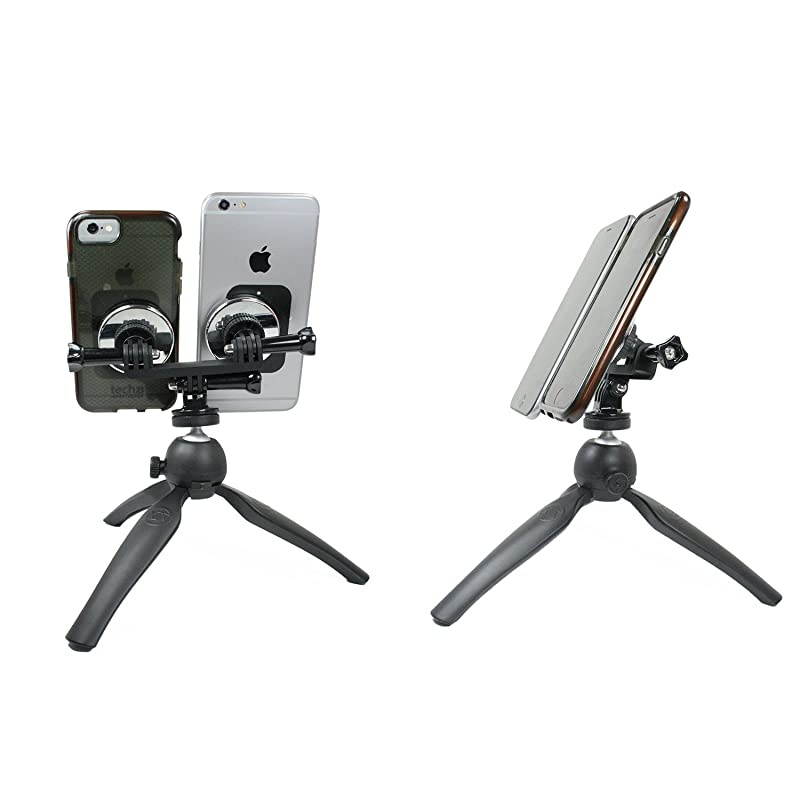 Gear Dual Device Magnetic Mount and Heavy Duty Tripod Mount Two Phones at Once via Magnets and Metallic Plates to This Tripod for Live Stream or Video with 2 Devices Strong Hold