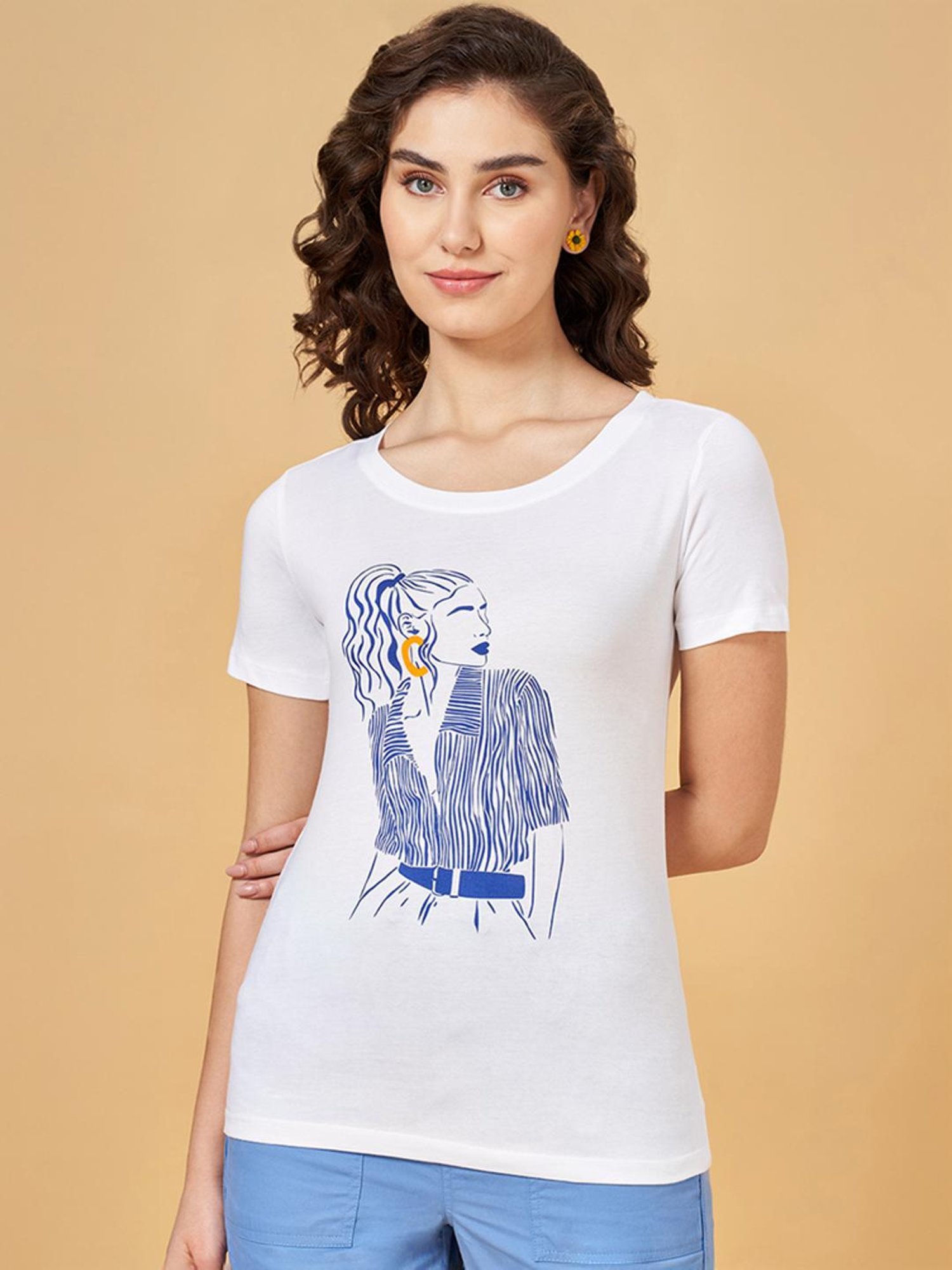 Honey by Pantaloons White Cotton Printed T-Shirt