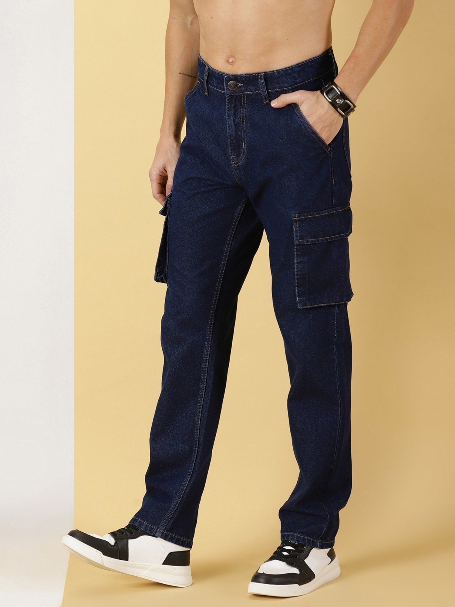 Thomas Scott Mid Blue Cotton Relaxed Fit Cargo Jeans