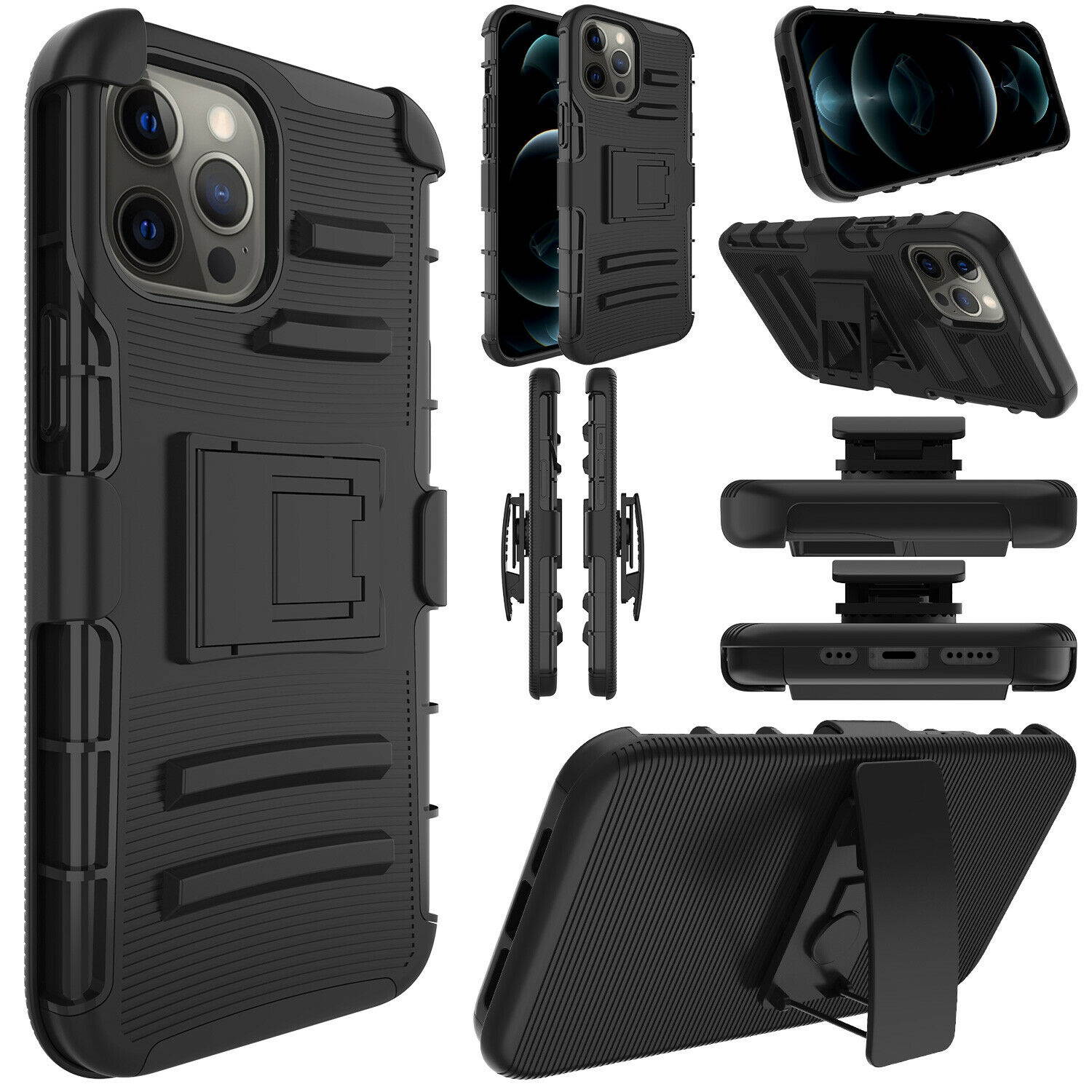 For iPhone 12 Pro Max Rugged Shockproof Holster Kickstand Belt Clip Case Cover