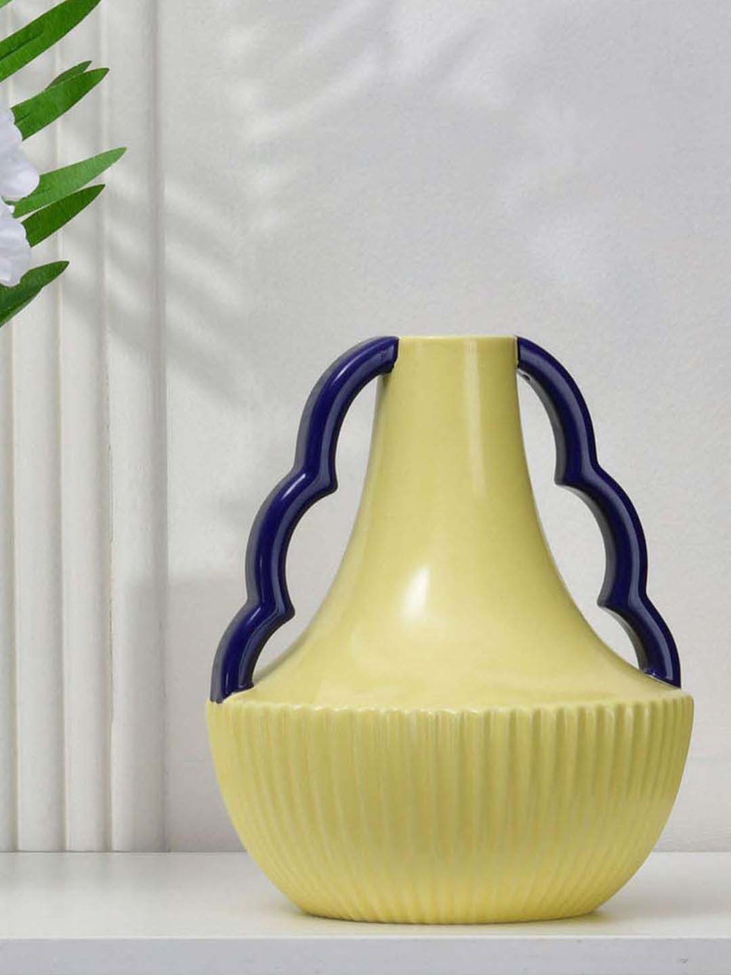 @home Cream & Blue Dolomite Decorative Semi Fluted Design Vase With 2 Handles