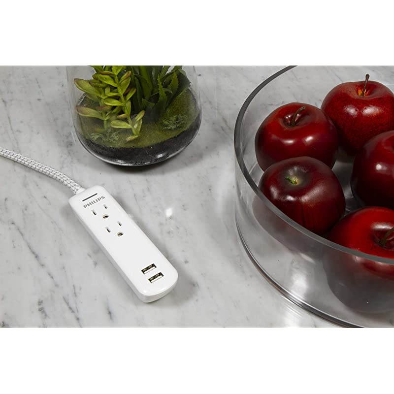 2 Outlet Power Strip Surge Protector with 2 USB Ports 8 Ft Extra Long Power Cord Designer Braided Extension Cord Flat Plug Perfect for Office or Home Decor 300 Joules White SPC6221WC37