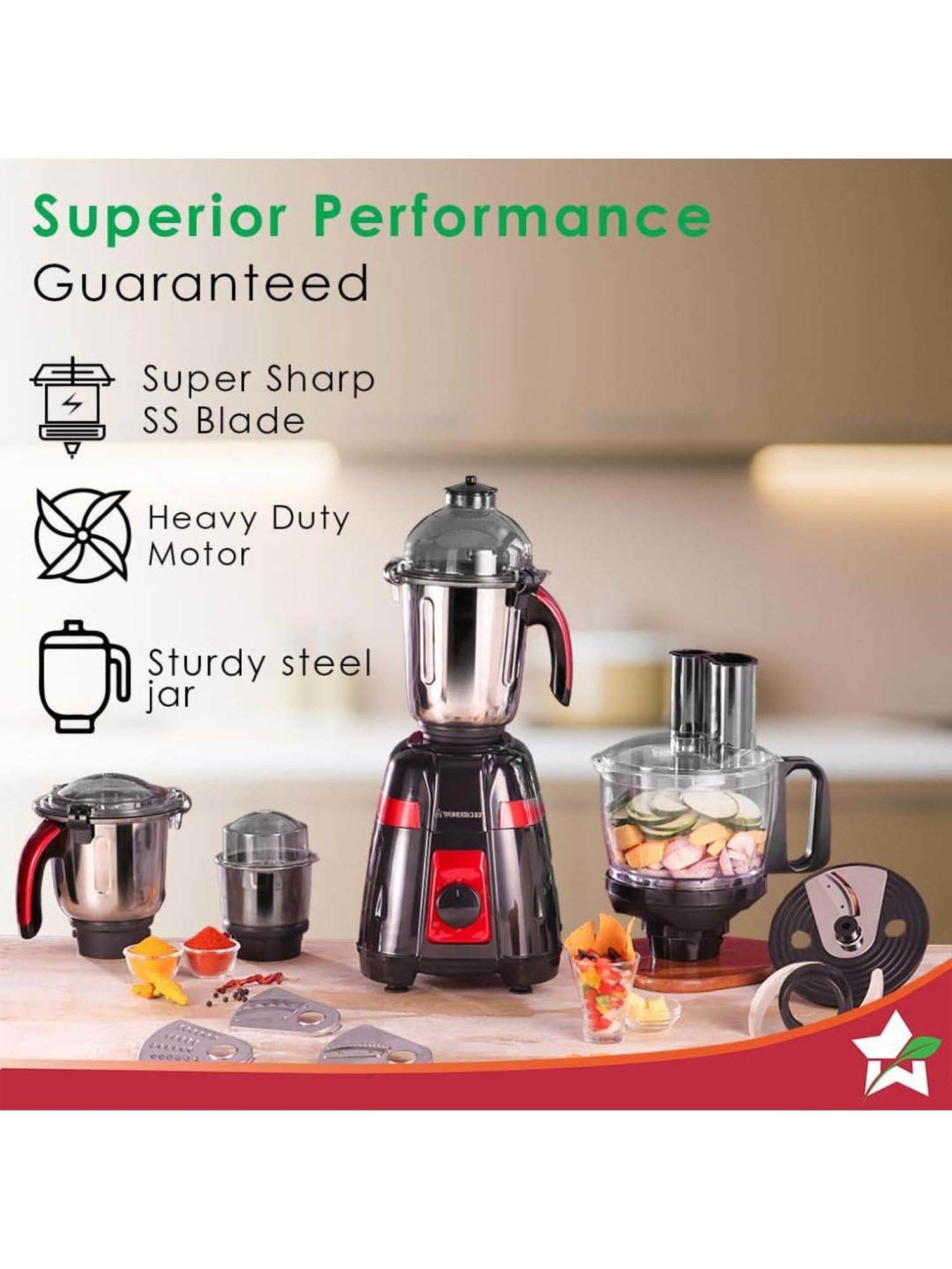 Wonderchef Platinum 750W Mixer Grinder with Food Processor & 4 Stainless Steel Jars (Black & Red)