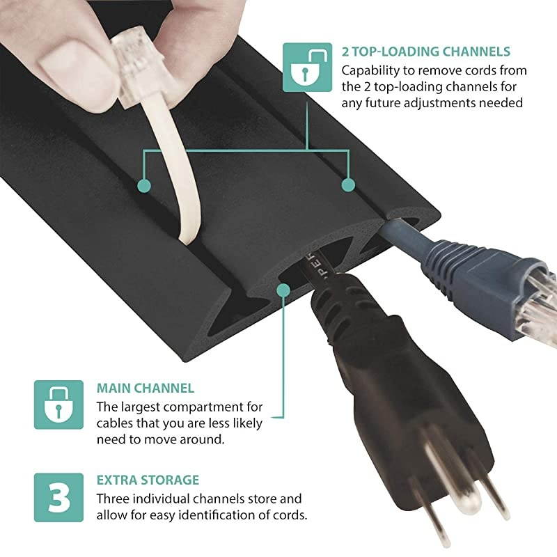 3Channel Cord Protector Concealer for Floor 30FT Black