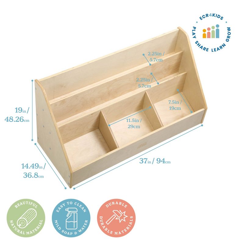 ECR4Kids Birch 5 Compartment Easy to Reach Book Display, Toddler Wooden Book Storage Rack, Natural