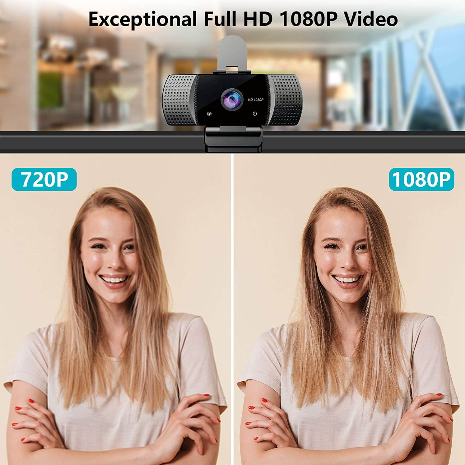 Webcam with Microphone Full 1080P HD with Privacy Cover & Tripod 110&deg;Wide View Angle Plug and Play Laptop Desktop USB 2.0 Web Camera for Video Calling Online Class Conferencing Recording Gaming