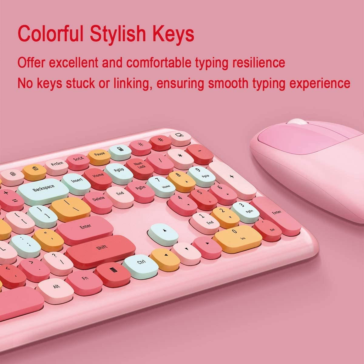 Wireless Keyboard and Mouse Combo, Slim Compact 2.4G USB Full Size Wireless Mouse and Keyboard Combo, Cute 110 Keys Keyboard for PC, MacBook, Tablet, Laptop, Windows System(Pink Colorful)
