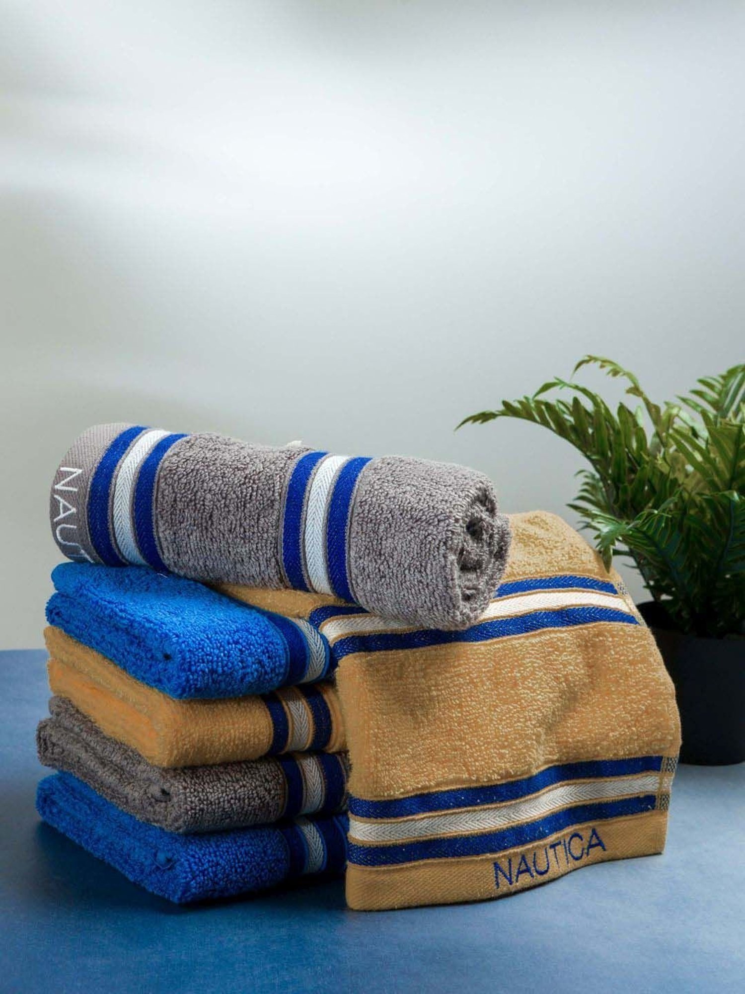 Nautica Vintage Crew Stripe Beige, Grey & Royal Blue Cotton 500 GSM Zero Twist Hand Towel - Set of 6