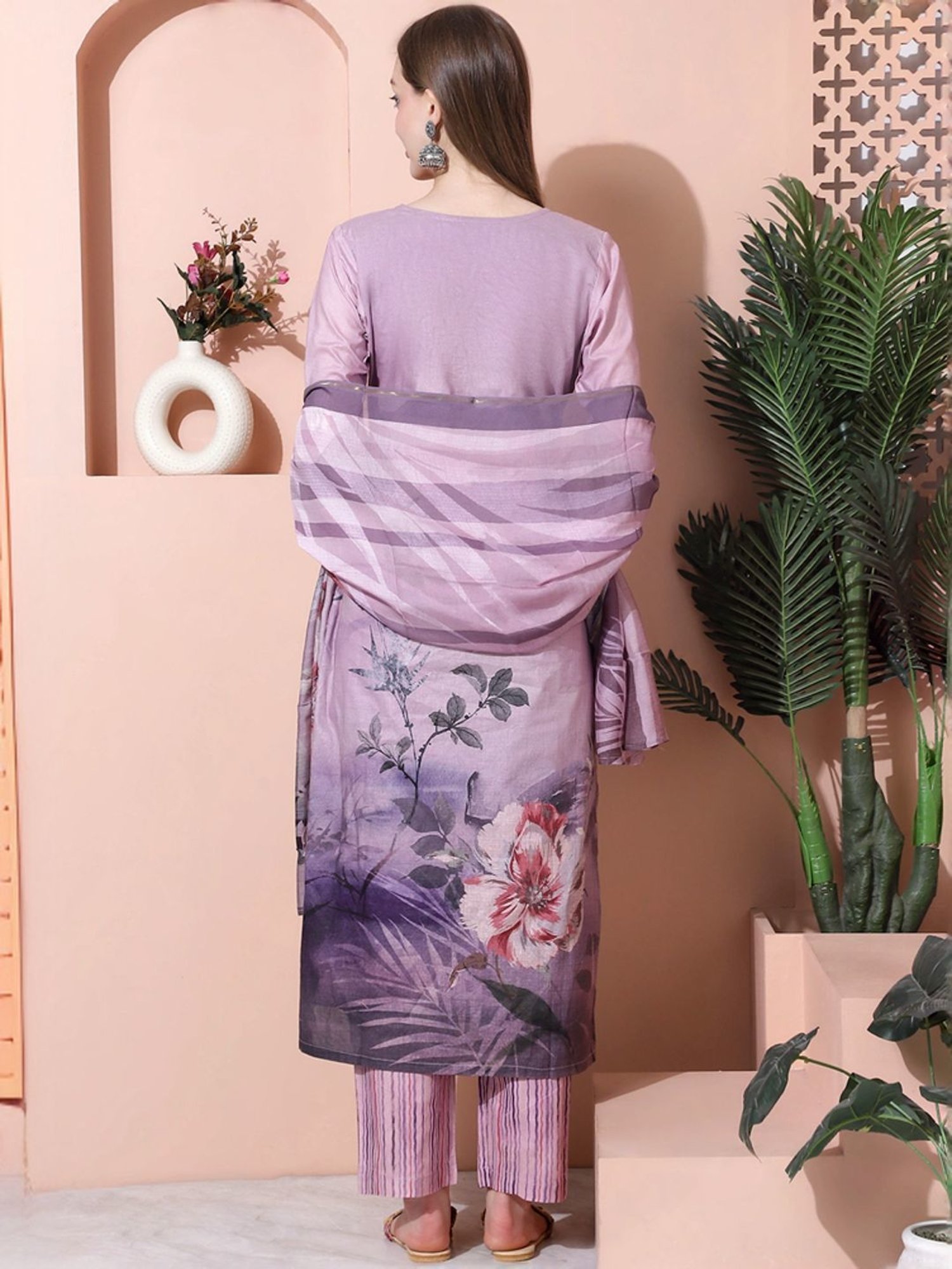 Stylee LIFESTYLE Purple Cotton Floral Print Unstitched Dress Material