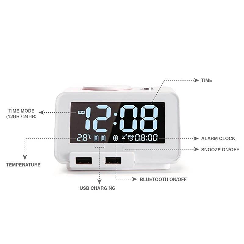 Upgraded Version]  Alarm Clock for Bedrooms with Bluetooth Speaker, 2-Port Universal USB Charger, Large 4 Level Dimmable LCD Screen, Snooze &ndash; White