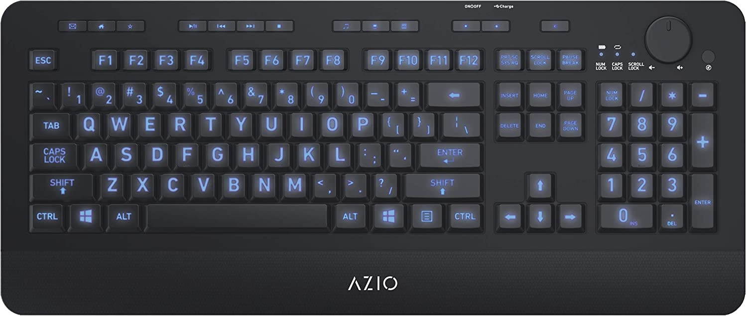 Azio Wireless Keyboard with Large Print Keys, Blue Color Backlight, 2.4gHz USB-RF Rechargeable and Multimedia Productivity Hotkeys (Vision Series KB510W)