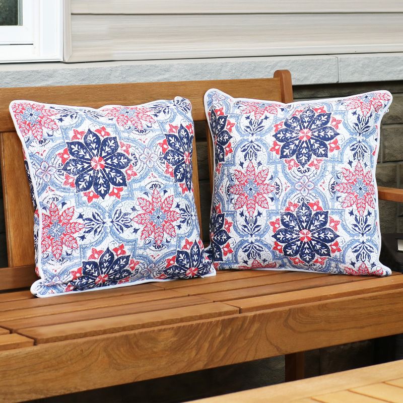 Sunnydaze Indoor/Outdoor Polyester Decorative Square Throw Accent Pillows for Patio or Living Room - 16" - Red and Blue Floral - 2pk