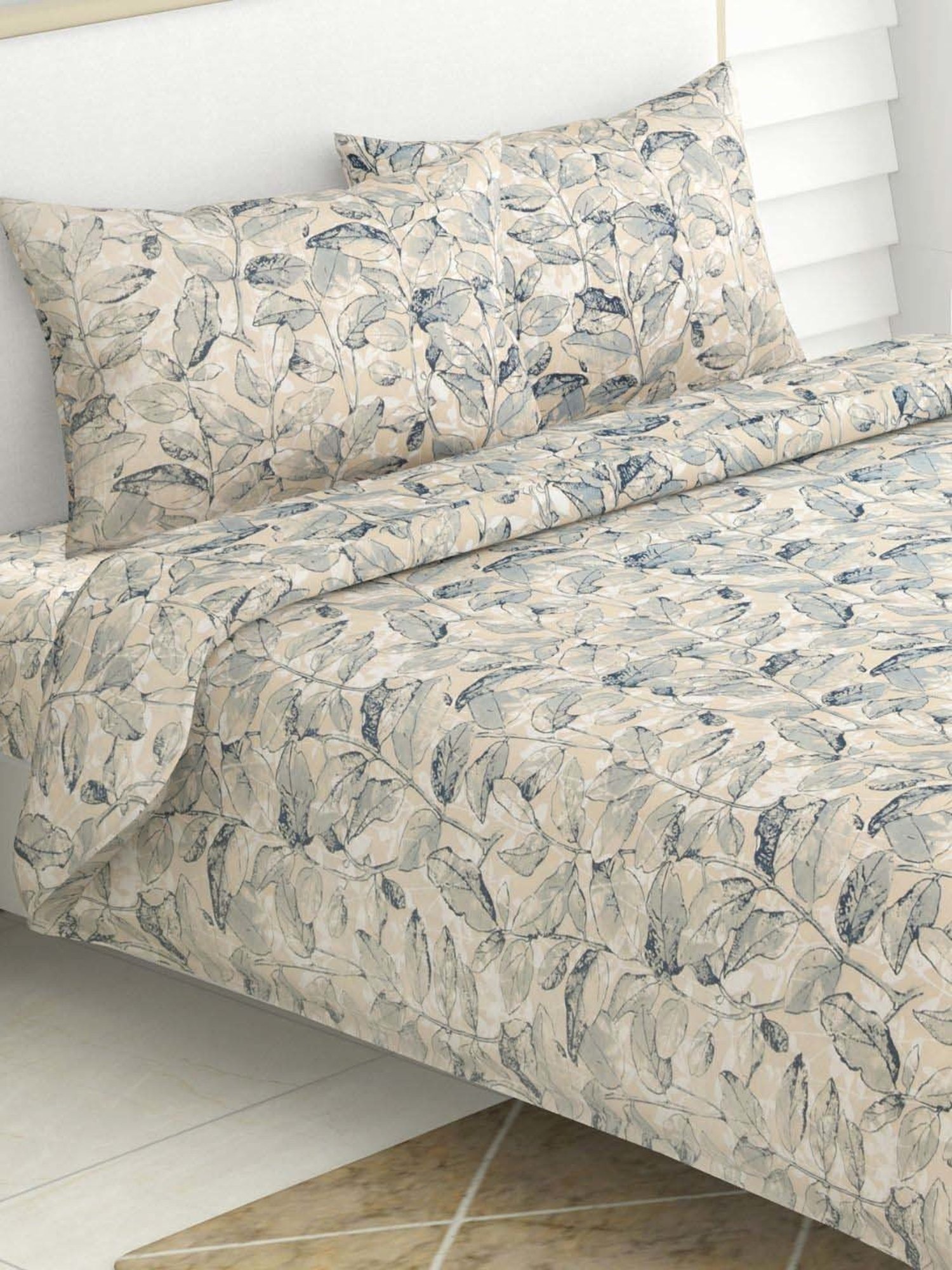 Haus & Kinder Cotton 186 TC Leafy Oasis Blue Printed Double Bedsheet with 2 Pillow Covers