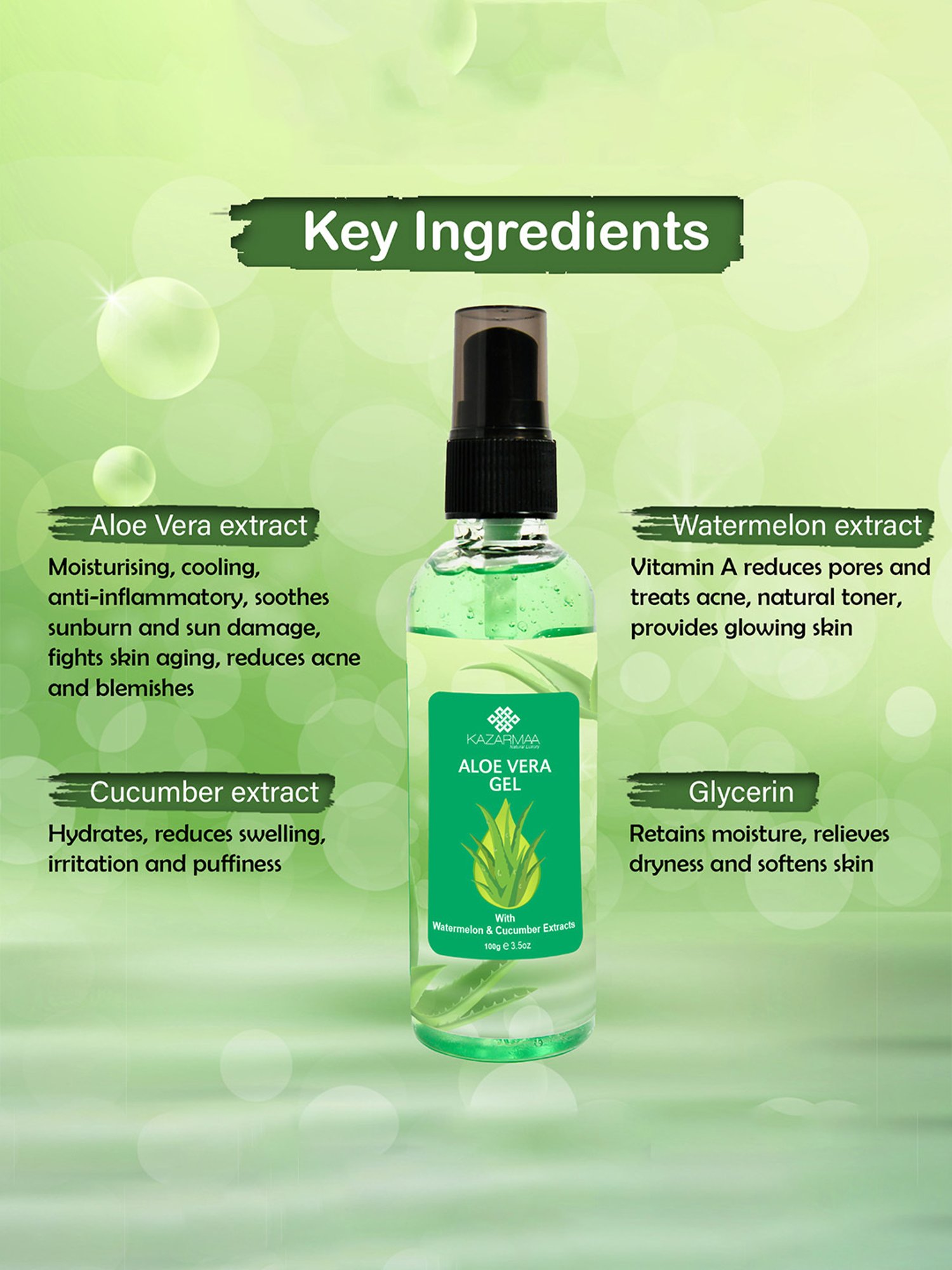 Kazarmaa Aloe Vera Gel with Watermelon & Cucumber Extracts - 100 gm