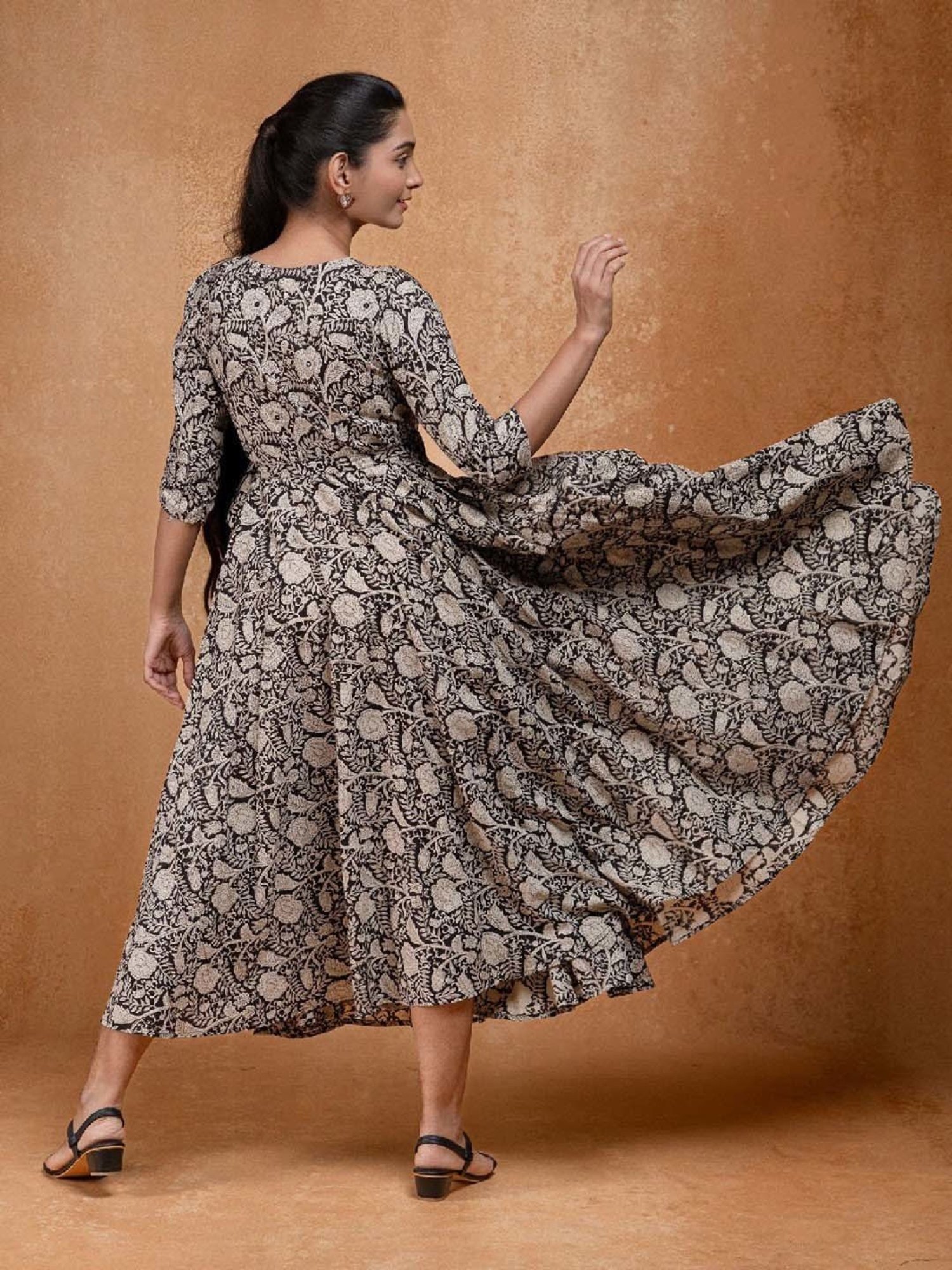 Okhai Black Floral Print Pure Cotton Ethnic Dress