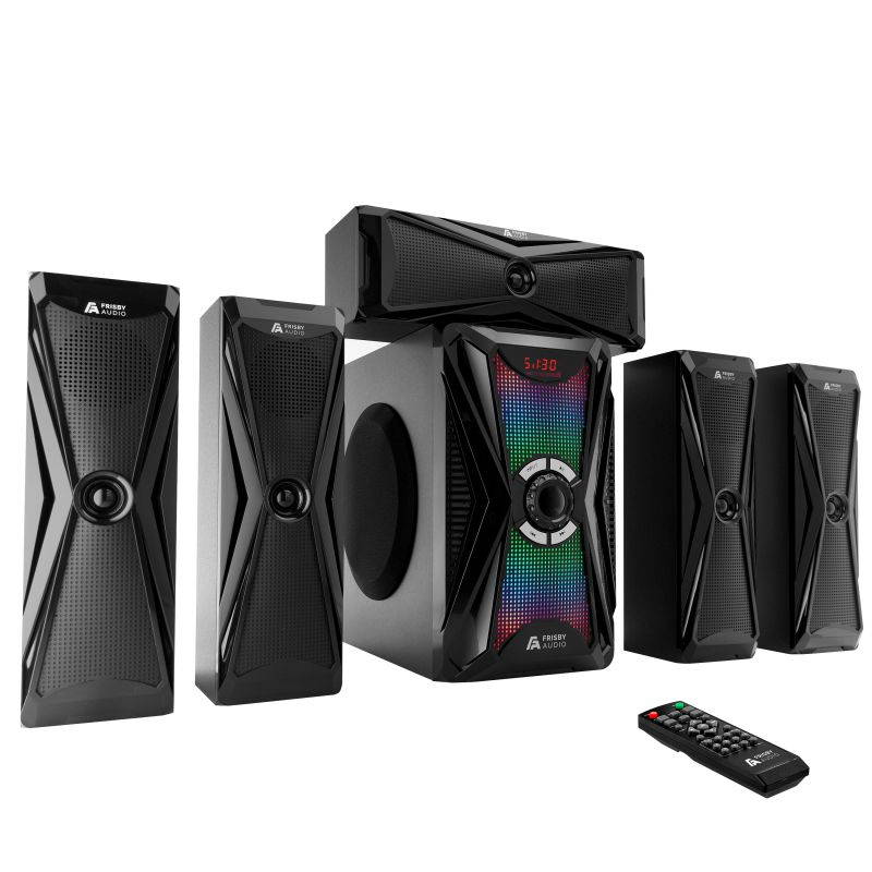 Frisby Audio 125 Watt Home Theater 5.1 Surround Sound Speaker System with Subwoofer, Bluetooth Wireless Streaming from Devices & Media Reader, RGB LED Pulse Lighting, Digital Optical Input &ndash; Black