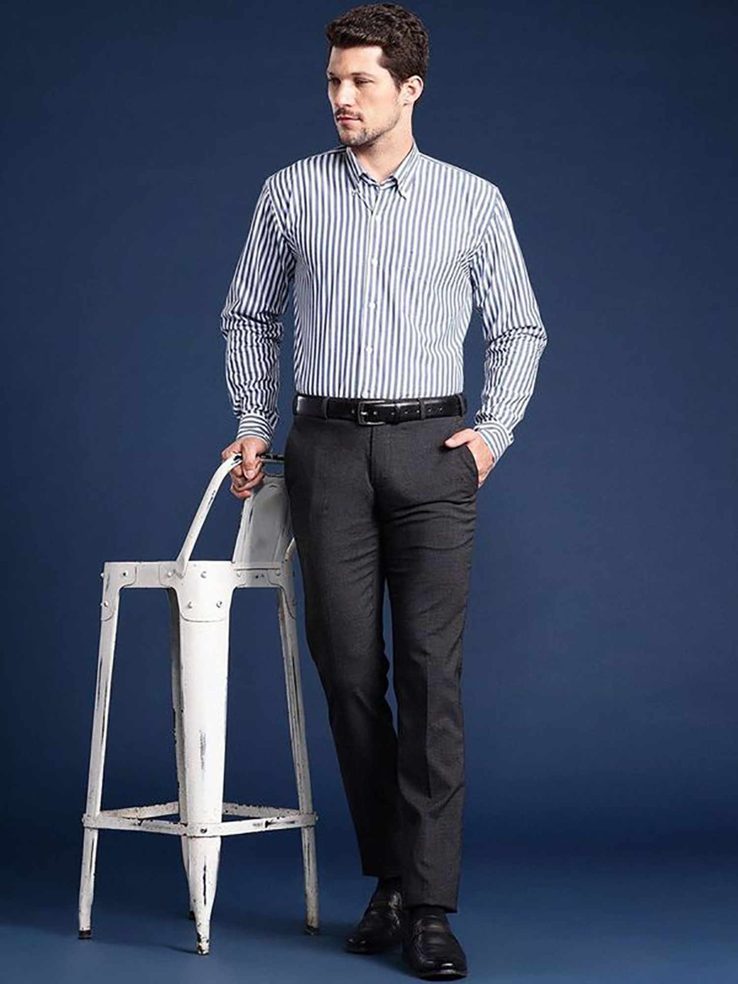 Hancock Blue Cotton Slim Fit Stripes Shirts