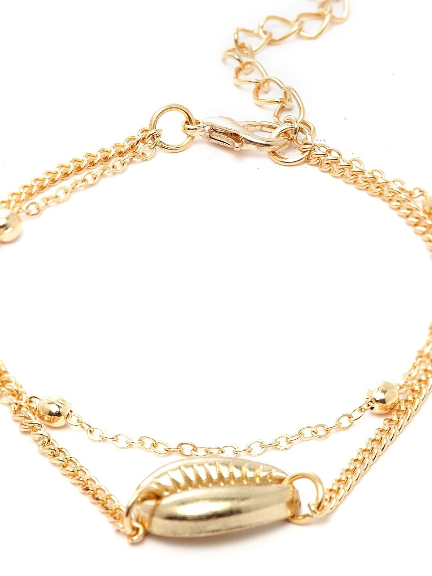 OOMPH Gold Tone Multi Layer Leaf & Sea Shell Beach Fashion Anklet Pack of 2