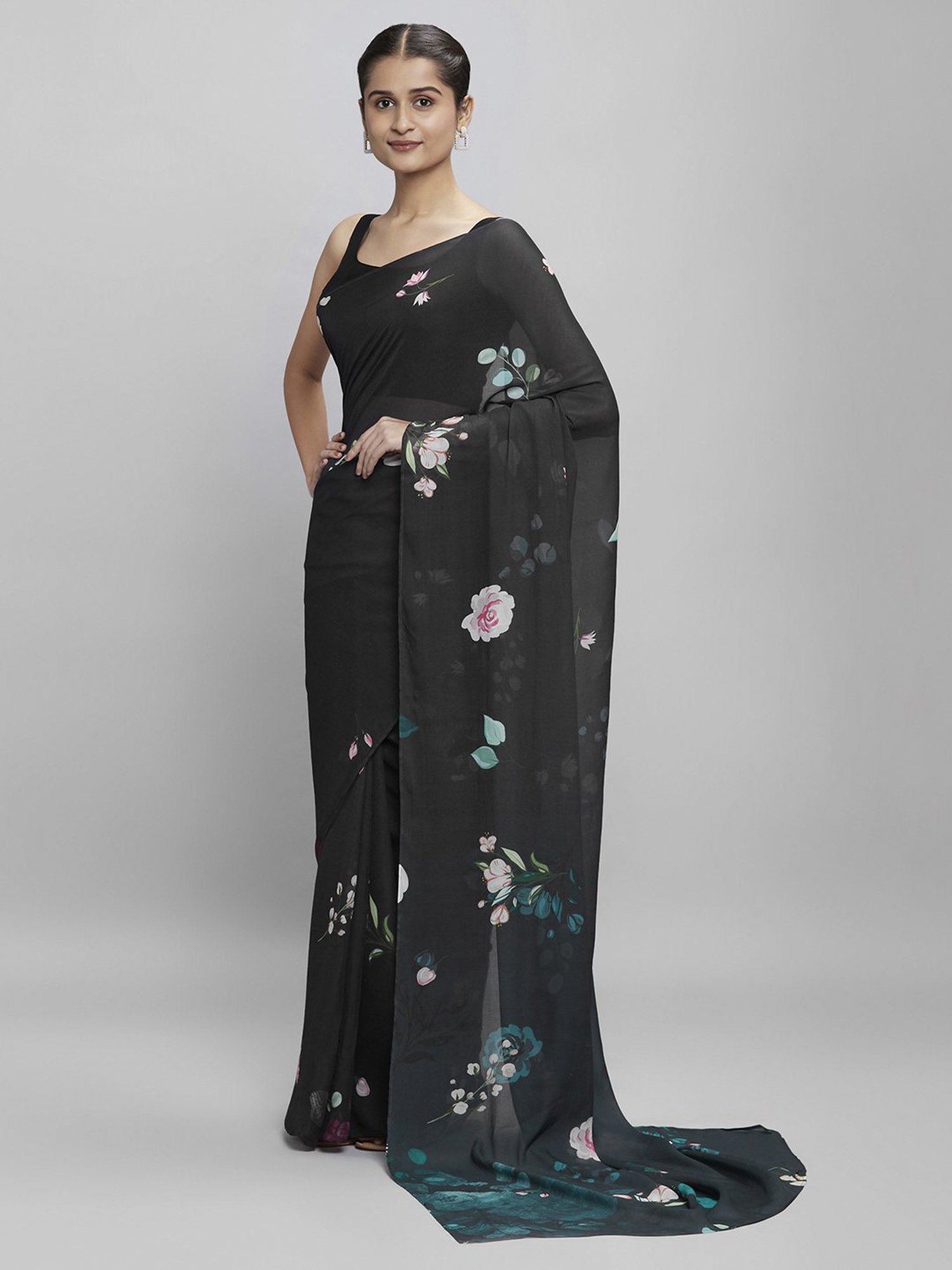 navyasa by liva Black Floral Print Saree With Unstitched Blouse