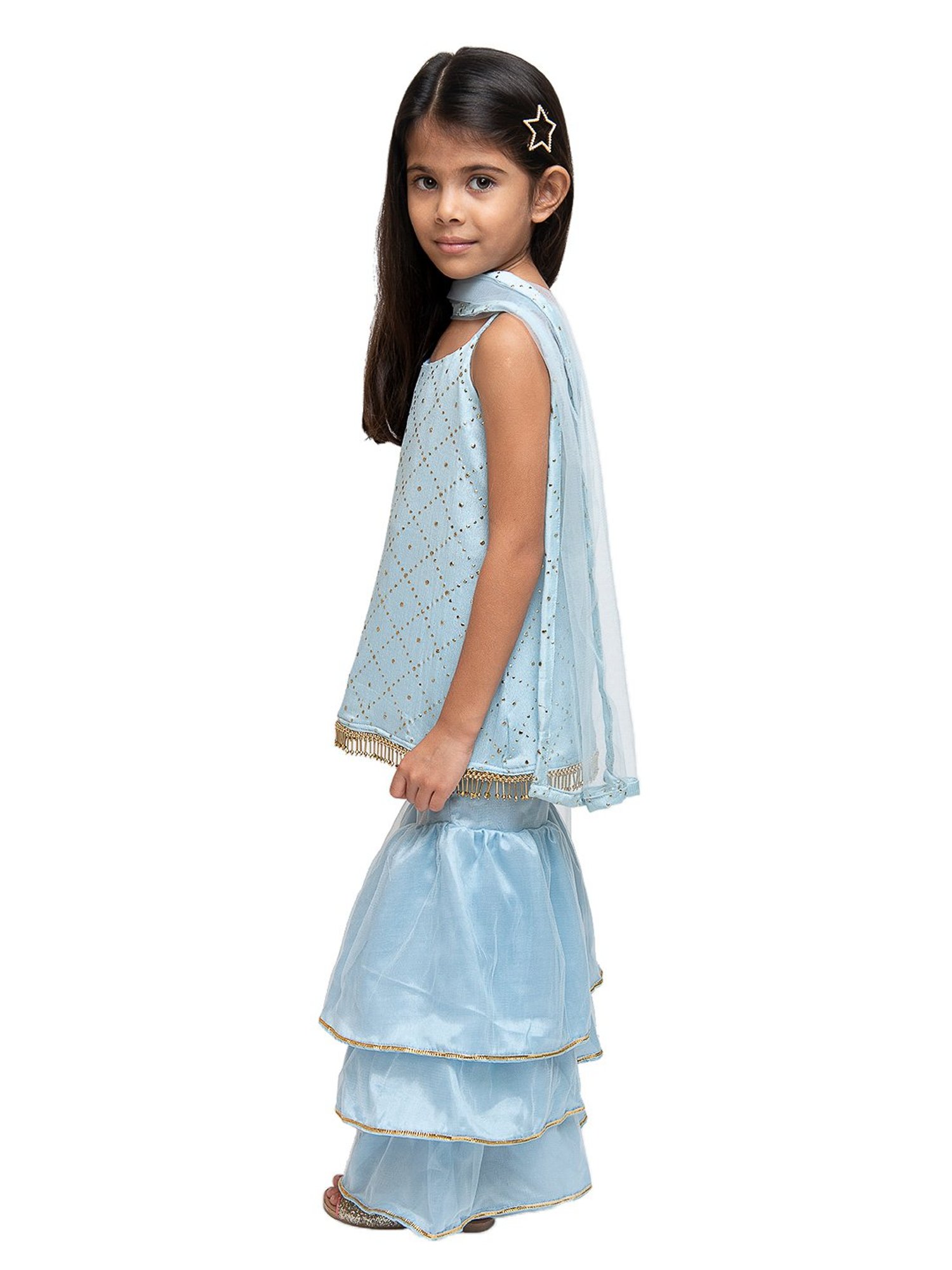 Fairies Forever Kids Blue Embroidery Kurta, Sharara With Dupatta