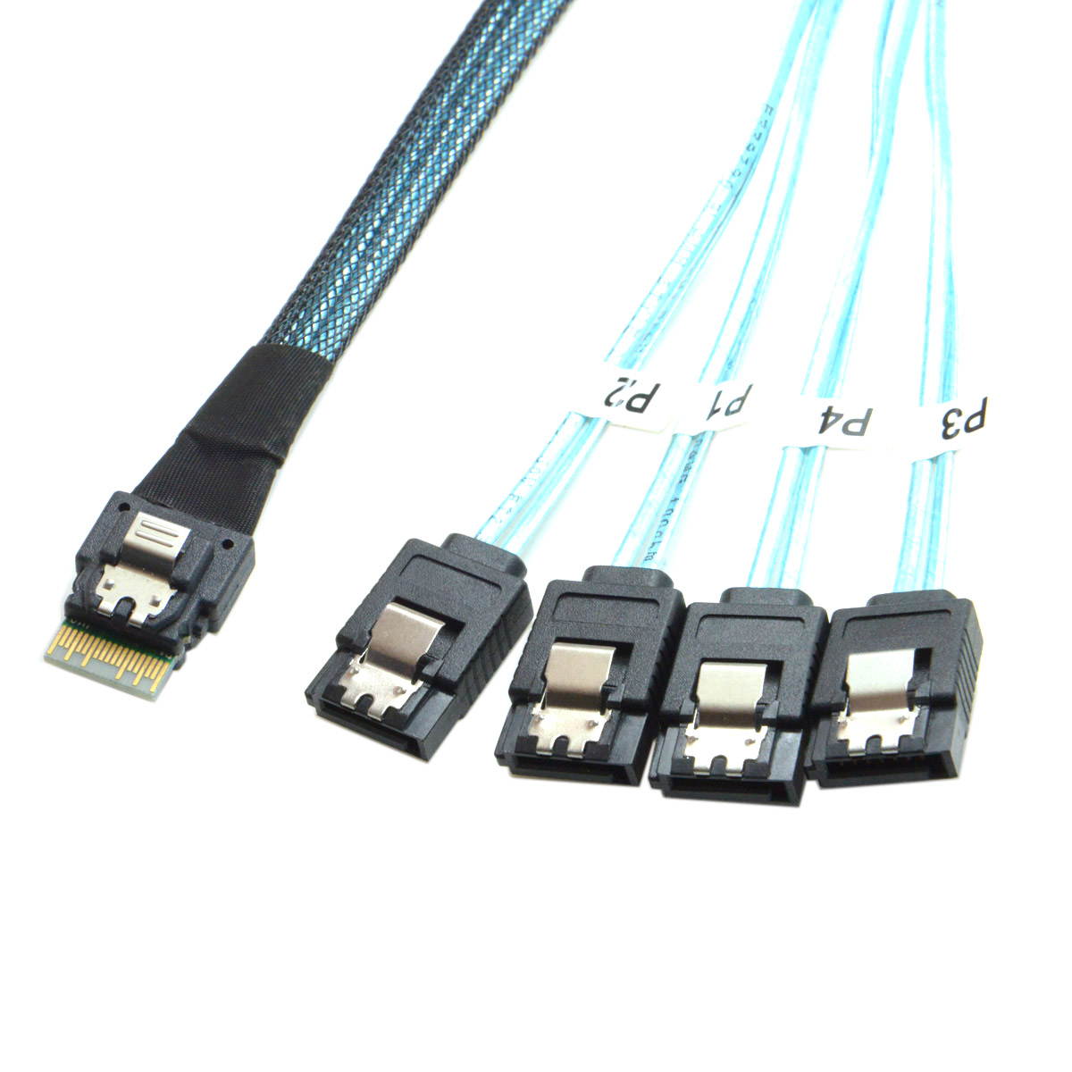 CY Slim Line SAS 4.0 SFF-8654 4i 38pin Host to 4 SATA 7pin Target Hard Disk Fanout Raid Cable 50cm SF-103-0.5M