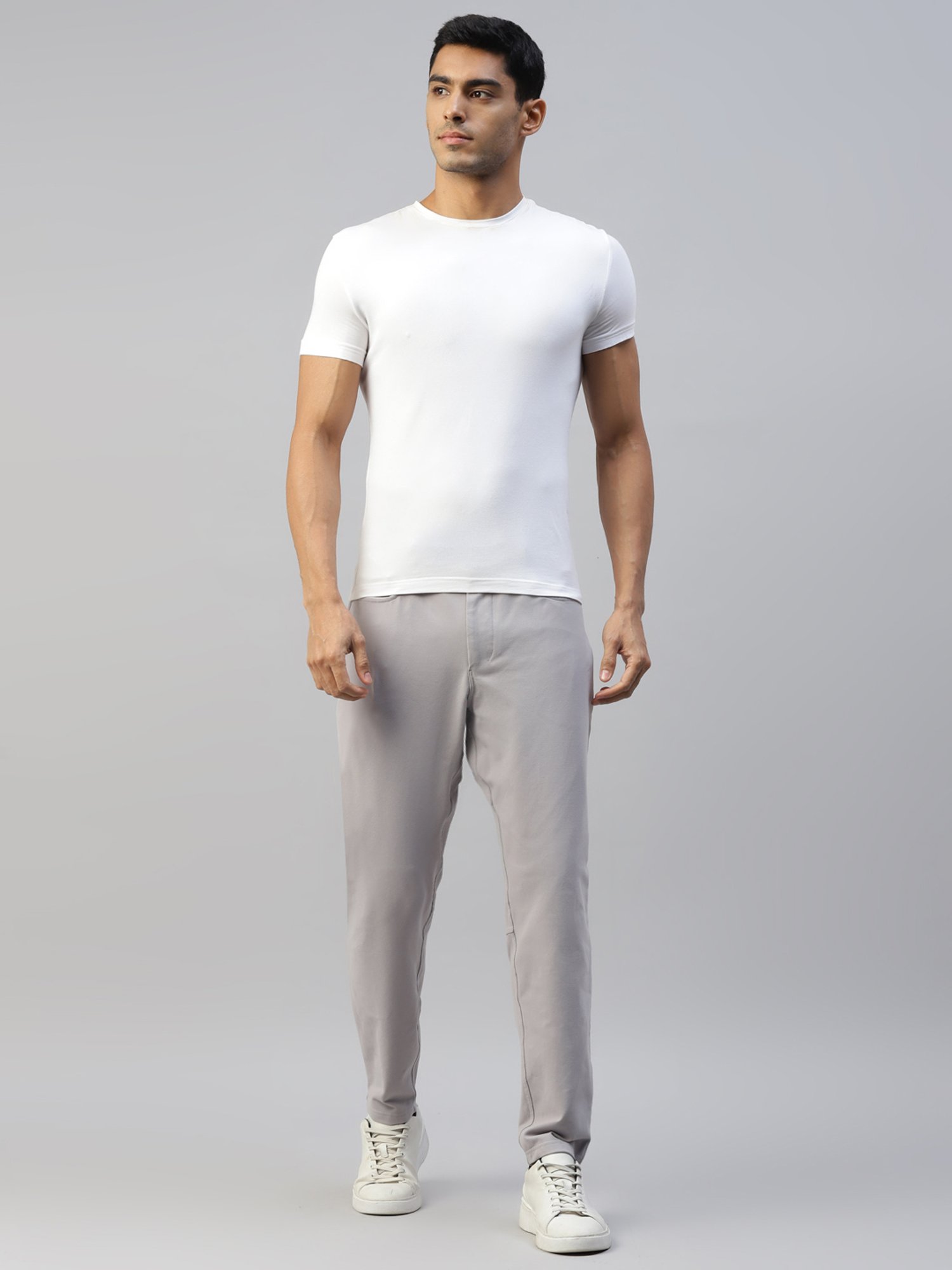 Slowave Light Grey Regular Fit Flat Front Trousers
