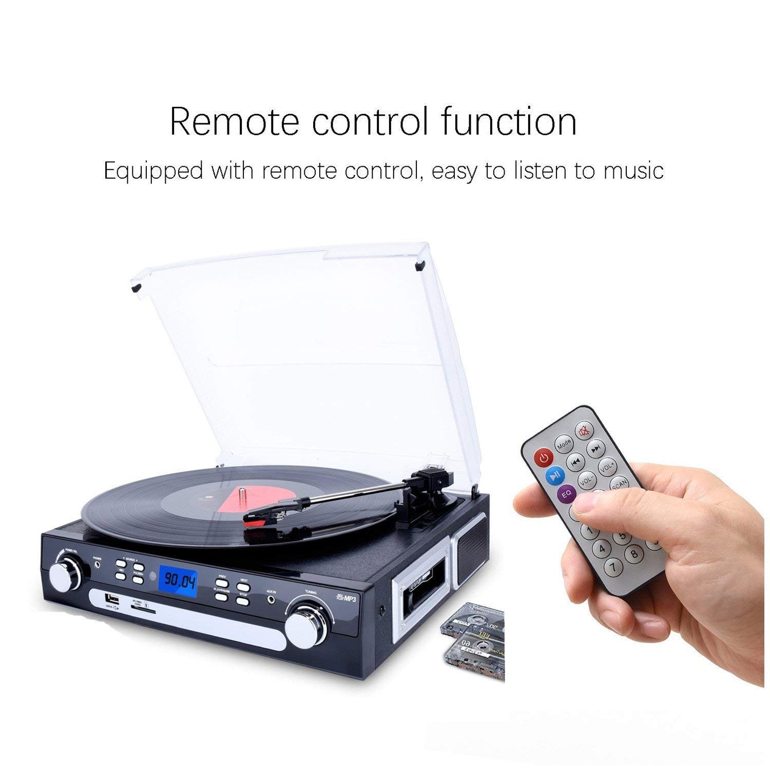 DIGITNOW Bluetooth Record Player with Stereo Speakers, Turntable for Vinyl to MP3 with Cassette Play, AM/FM Radio, Remote Control, USB/SD Encoding, 3.5mm Music Output Jack