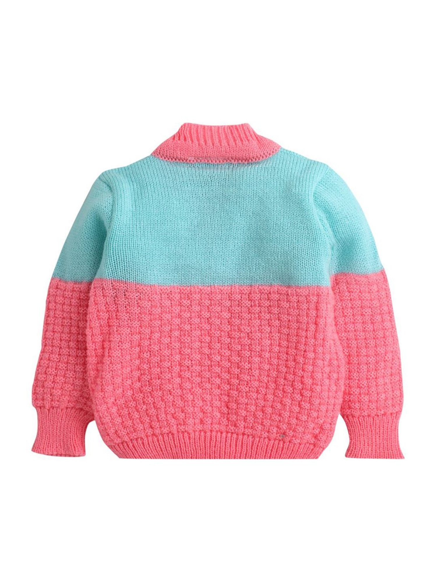 Little Angels Kids Pink & Green Color Block Full Sleeves Sweater Set