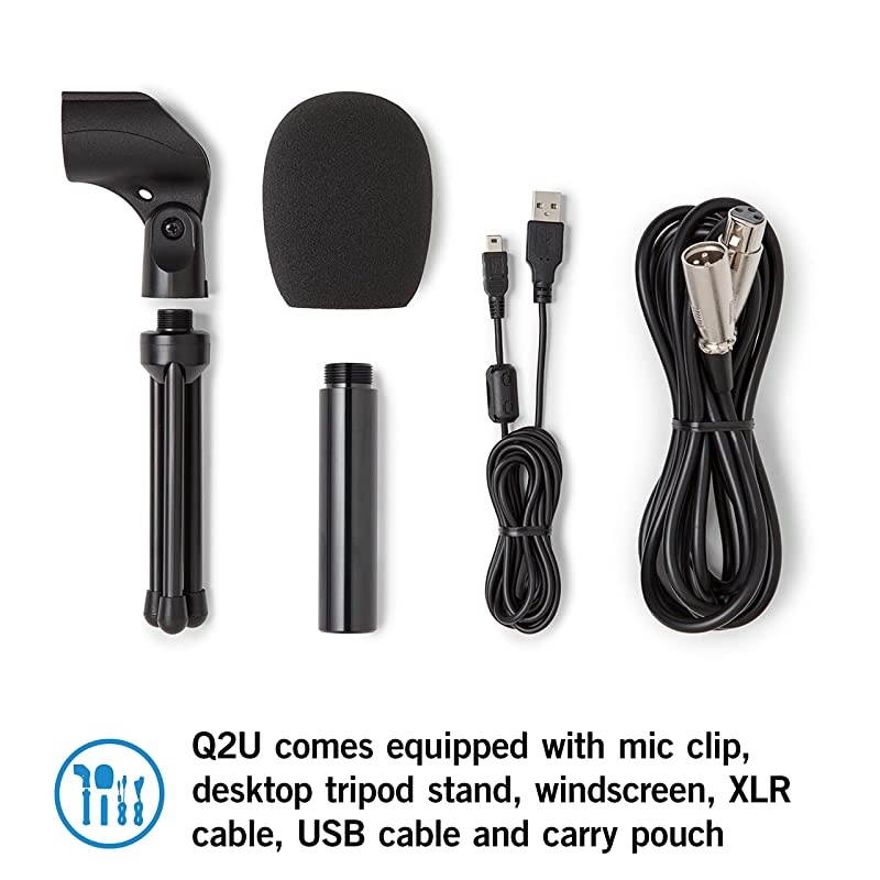 Q2U USBXLR Dynamic Microphone Recording and Podcasting Pack Includes Mic Clip Desktop Stand Windscreen and Cables silver