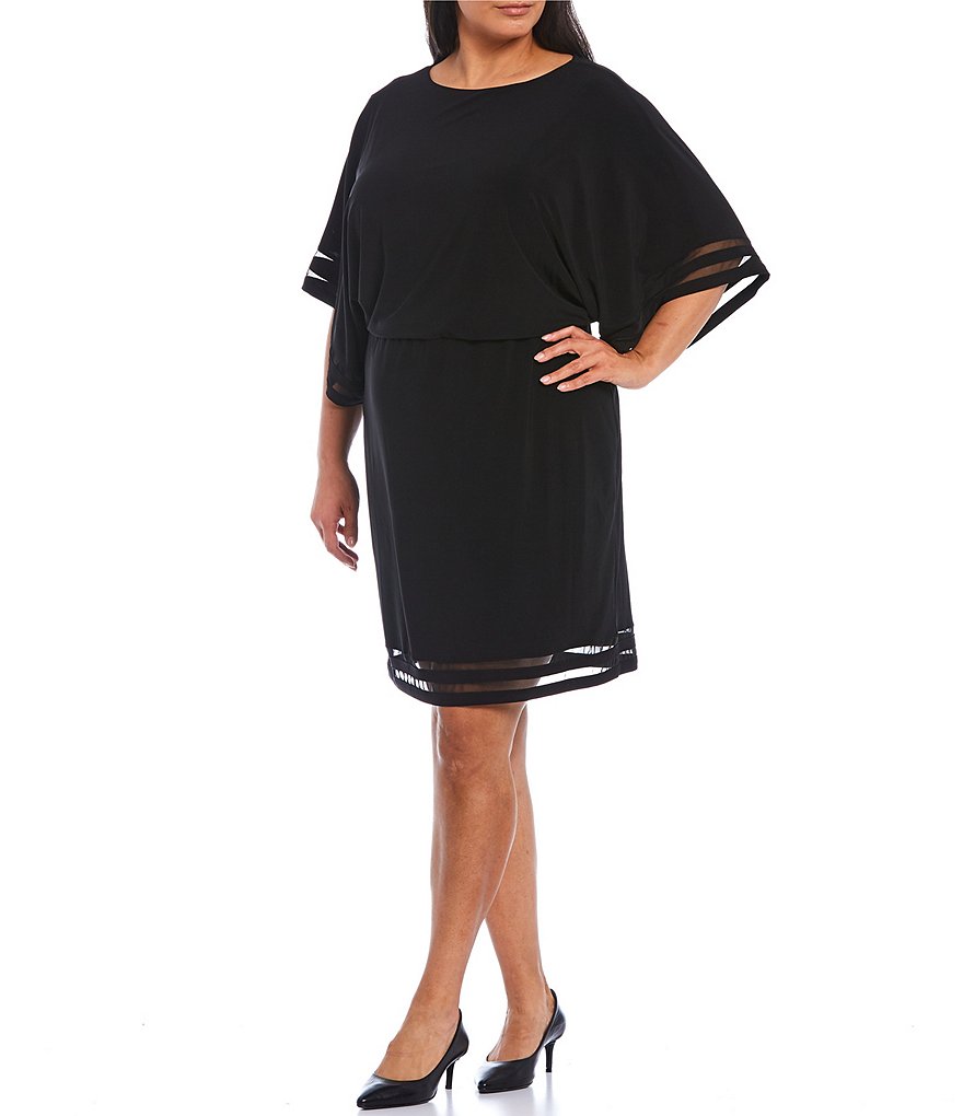 Jessica Howard Plus Size Jewel Neck Dolman 3/4 Sleeve Illusion Band Blouson Dress