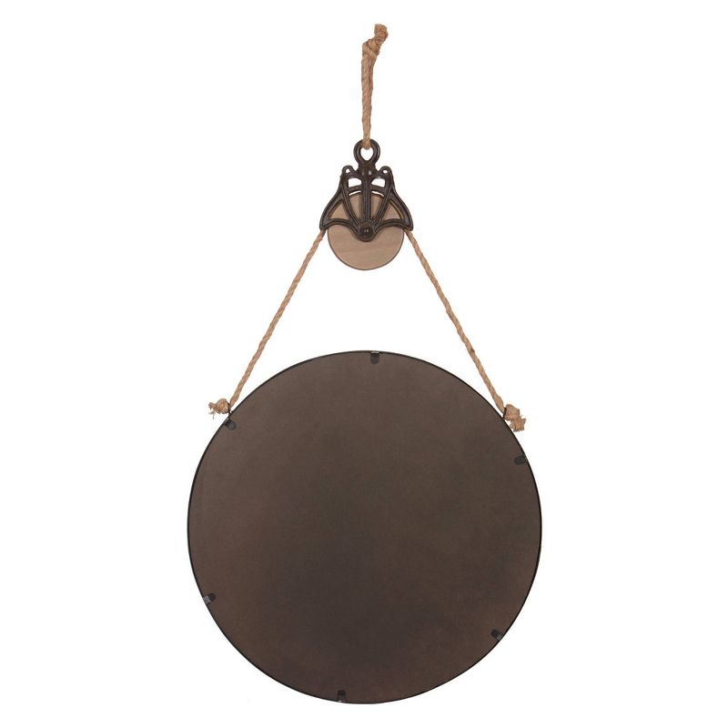 24" Round Metal Wall Mirror with Hanging Rope and Antique Pully Wood/Matte Black - Patton Wall Decor