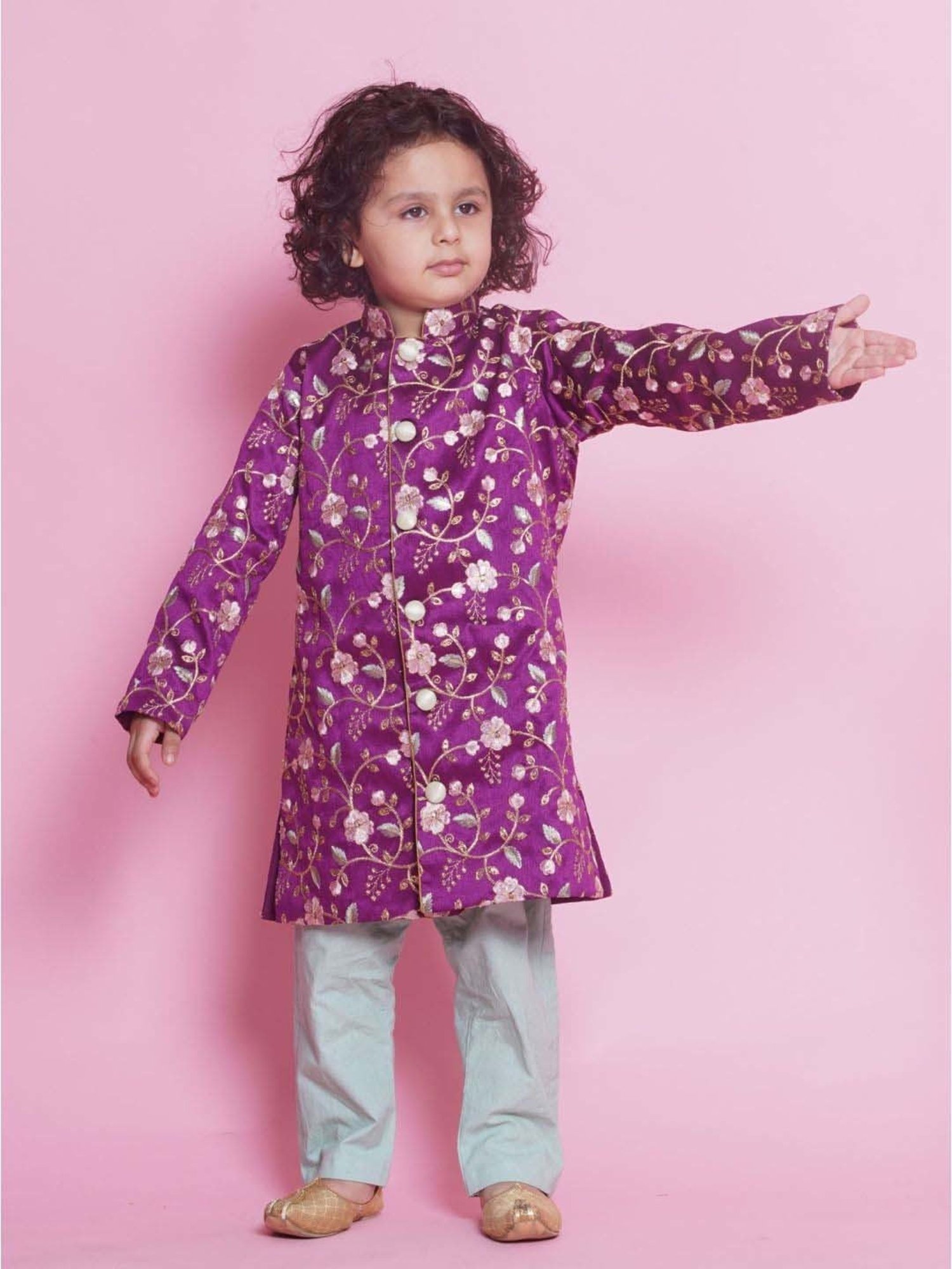 Little Bansi Boys Purple & Grey Embroidery Full Sleeves Kurta Set