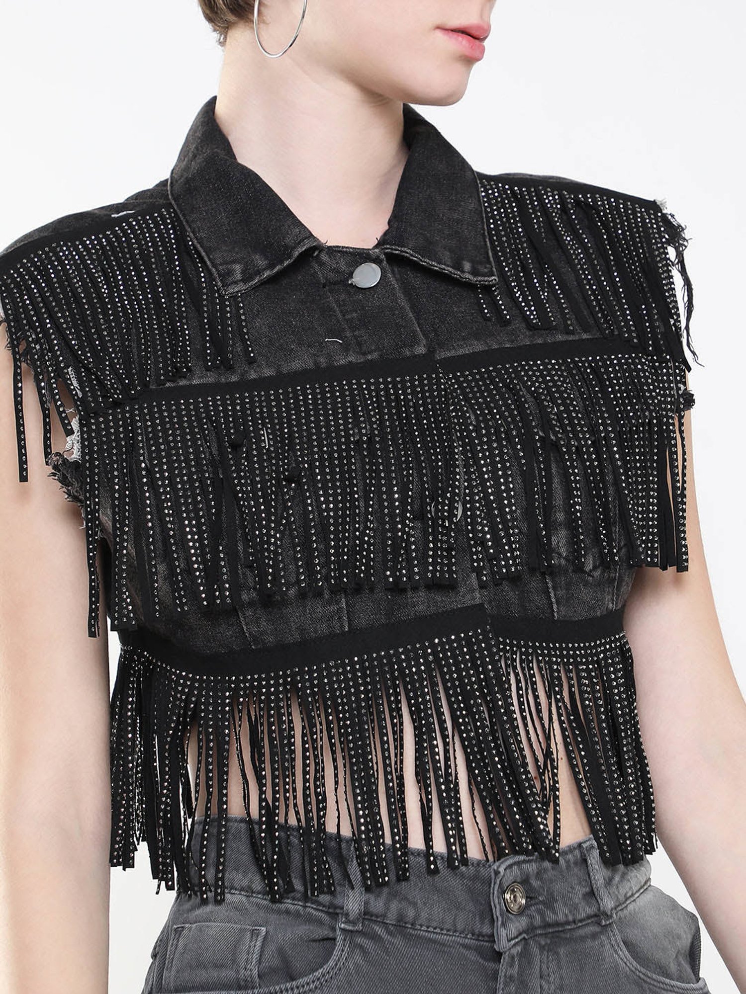 SHOWOFF Black Embellished Crop Denim Jacket